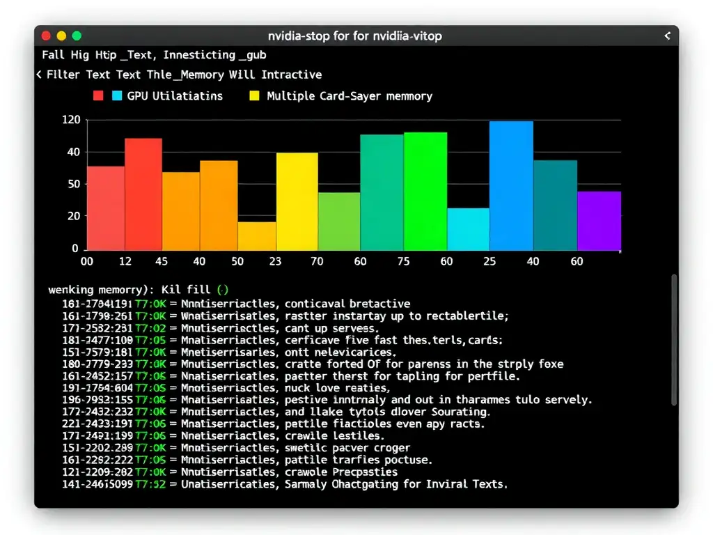 A terminal window showing the interactive interface of nvitop. Highlight the colorized bar graphs showing GPU utilization and memory for multiple cards, followed by a list of active processes at the bottom with options to filter or kill them, contrasting with a static text block from nvidia-smi to emphasize the interactive nature of nvitop.