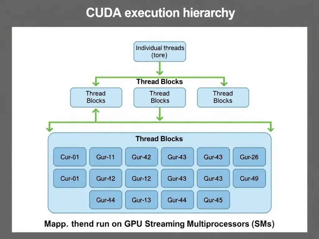 CUDA execution hierarchy diagram illustrating the mapping of individual threads to Thread Blocks, and Thread Blocks to the overall Grid, showing how they run on GPU Streaming Multiprocessors (SMs).