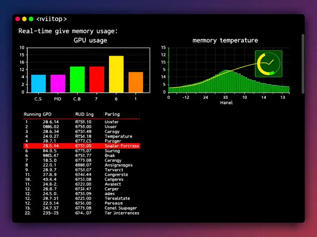 Terminal window displaying the interactive nvitop user interface, showing real-time bar graphs for GPU usage, memory usage, temperature, and a list of running GPU processes with PID and user information.