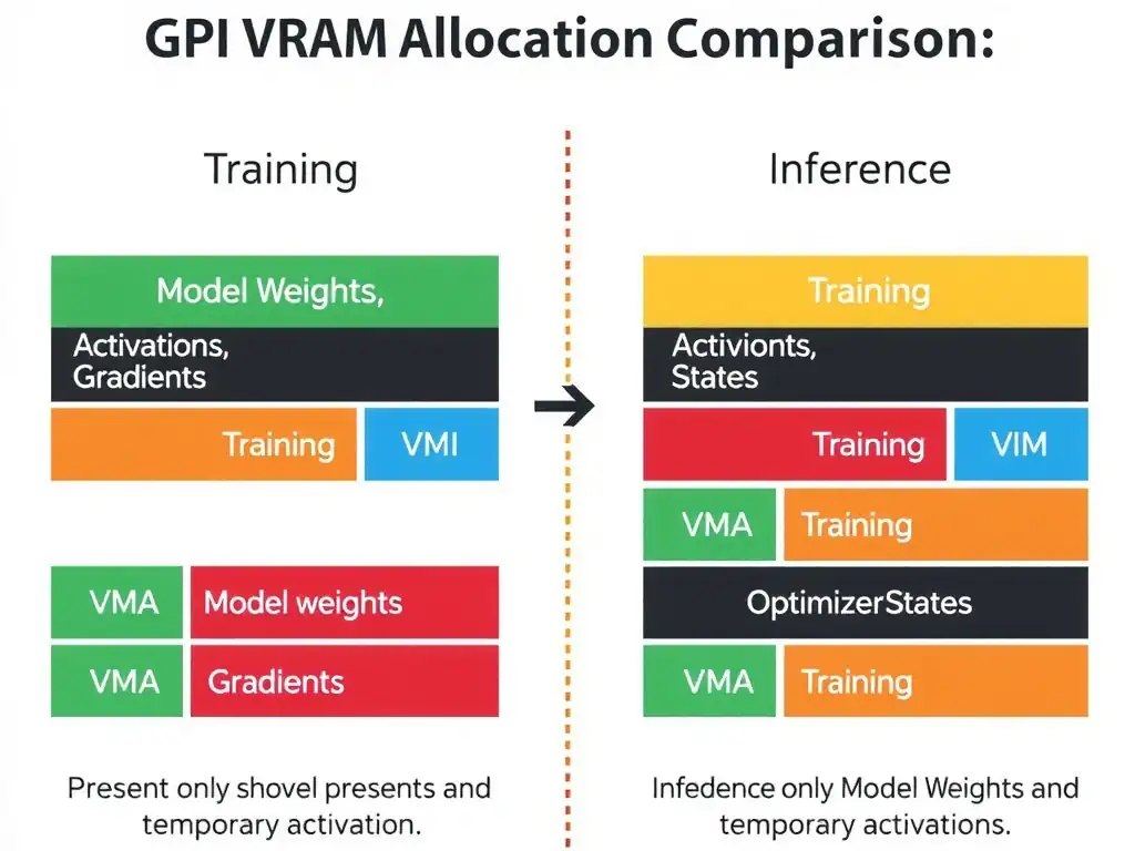 GPU VRAM allocation comparison diagram showing Training vs. Inference, detailing VRAM components (Model Weights, Activations, Gradients, and Optimizer States present in Training, whereas Inference only shows Model Weights and temporary activations).
