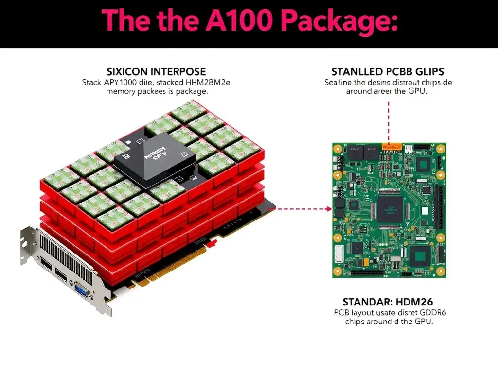Diagram of the A100 GPU package highlighting the silicon interposer, the GPU die, and the stacked HBM2e memory dies on the package, contrasting it with a standard PCB layout using discrete GDDR6 chips around the GPU.