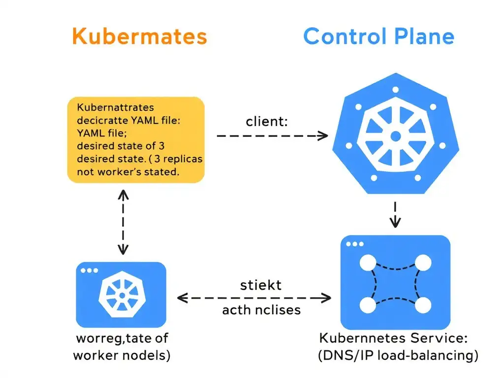 A diagram showing a Kubernetes Control Plane reconciling a declarative YAML file (desired state of 3 replicas) with the worker nodes (actual state), and a client accessing the replicas via a Kubernetes Service with DNS/IP load balancing.