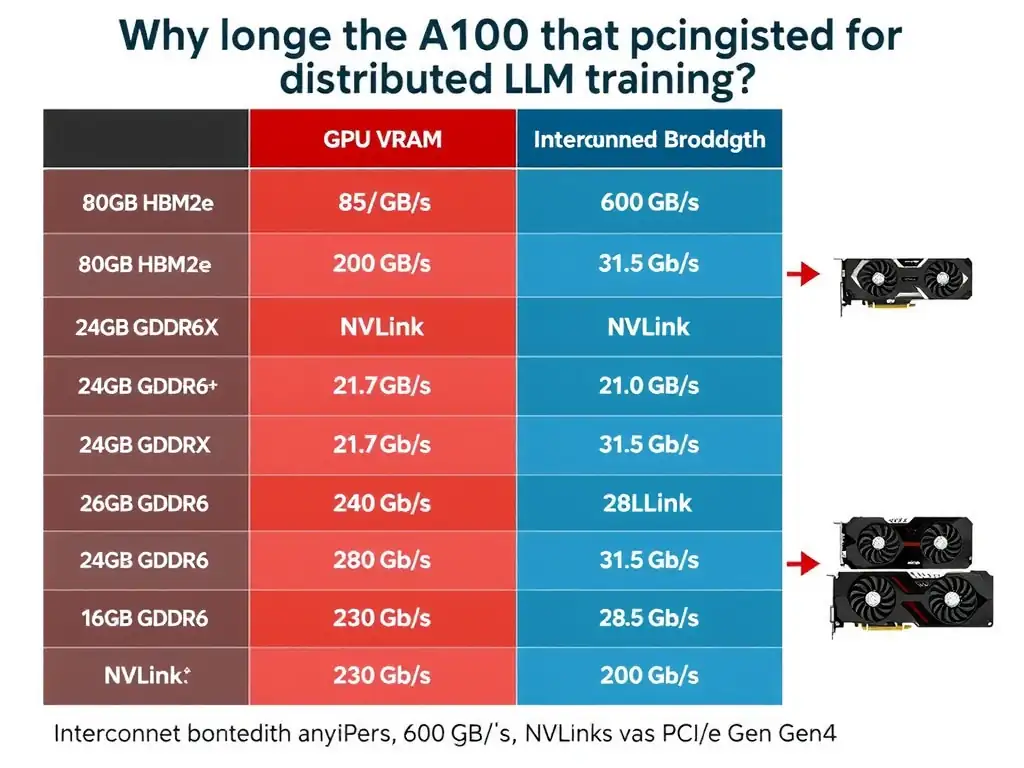 Comparison table or visual showing GPU VRAM (80GB HBM2e vs 24GB GDDR6X vs 24GB GDDR6 vs 16GB GDDR6) and interconnect bandwidth (NVLink 600 GB/s vs PCIe Gen4 31.5 GB/s), demonstrating why the A100 is suited for distributed LLM training.