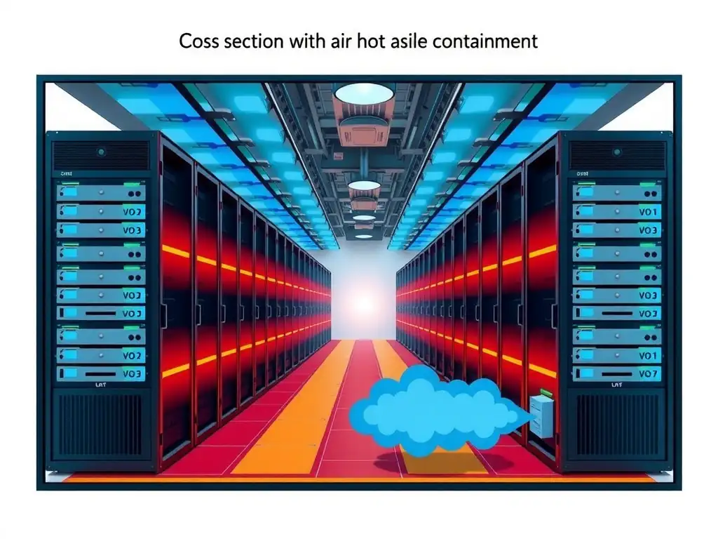 Cross-section diagram of a data center aisle with hot-aisle containment, showing cold air entering from the front of the server racks, hot air trapped and sealed in the central hot aisle, and returning directly to a CRAH unit.