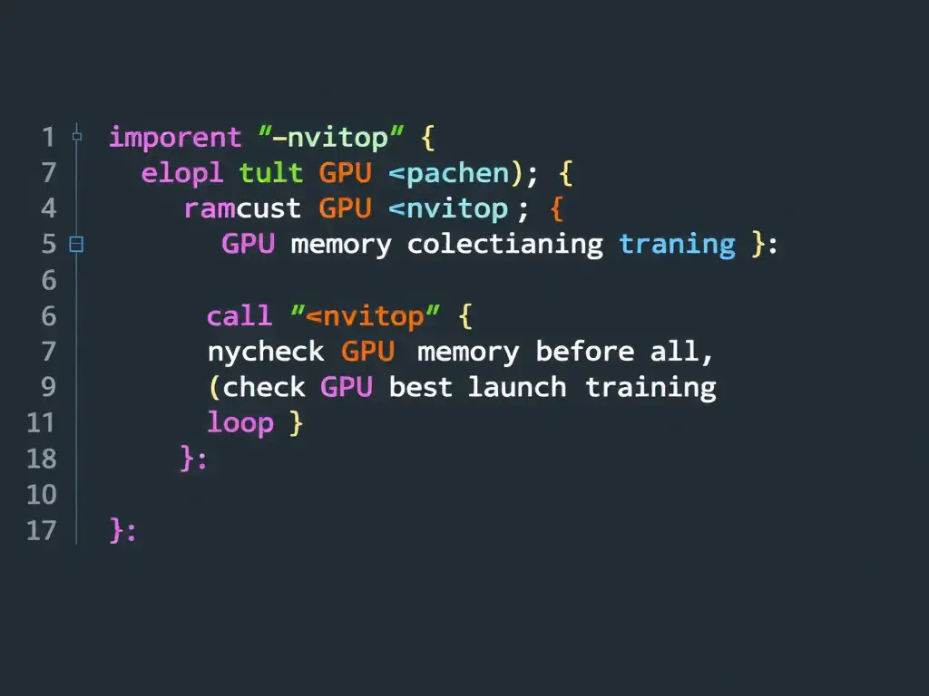 A code editor showing a Python script importing nvitop and calling a function to check GPU memory usage before launching a training loop, illustrating its programmatic use.