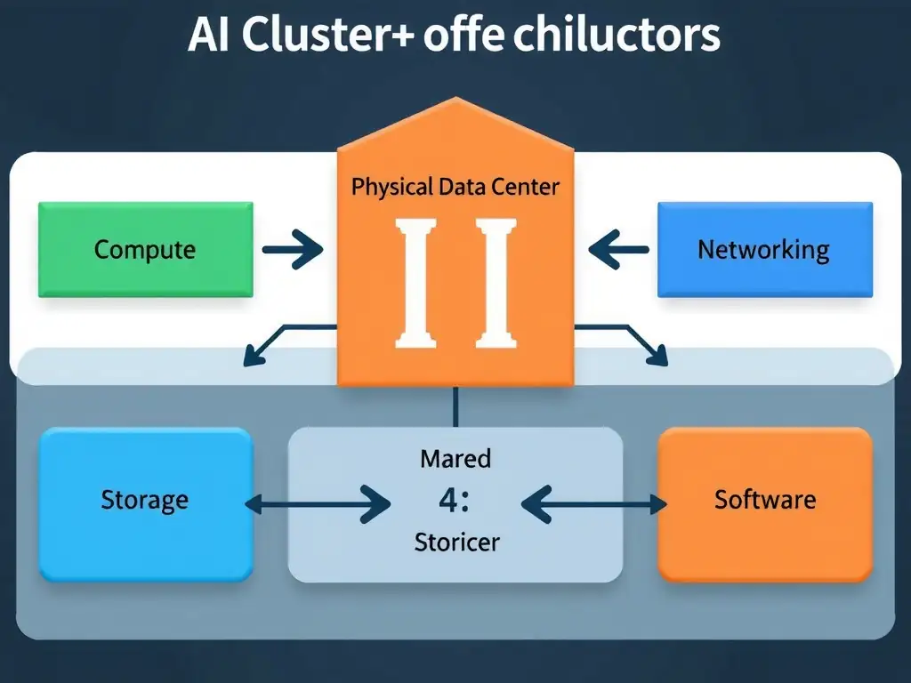 Block diagram showing the 5 pillars of AI cluster architecture: Physical Data Center, Compute, Networking, Storage, and Software stack, with arrows showing how they connect and support each other.