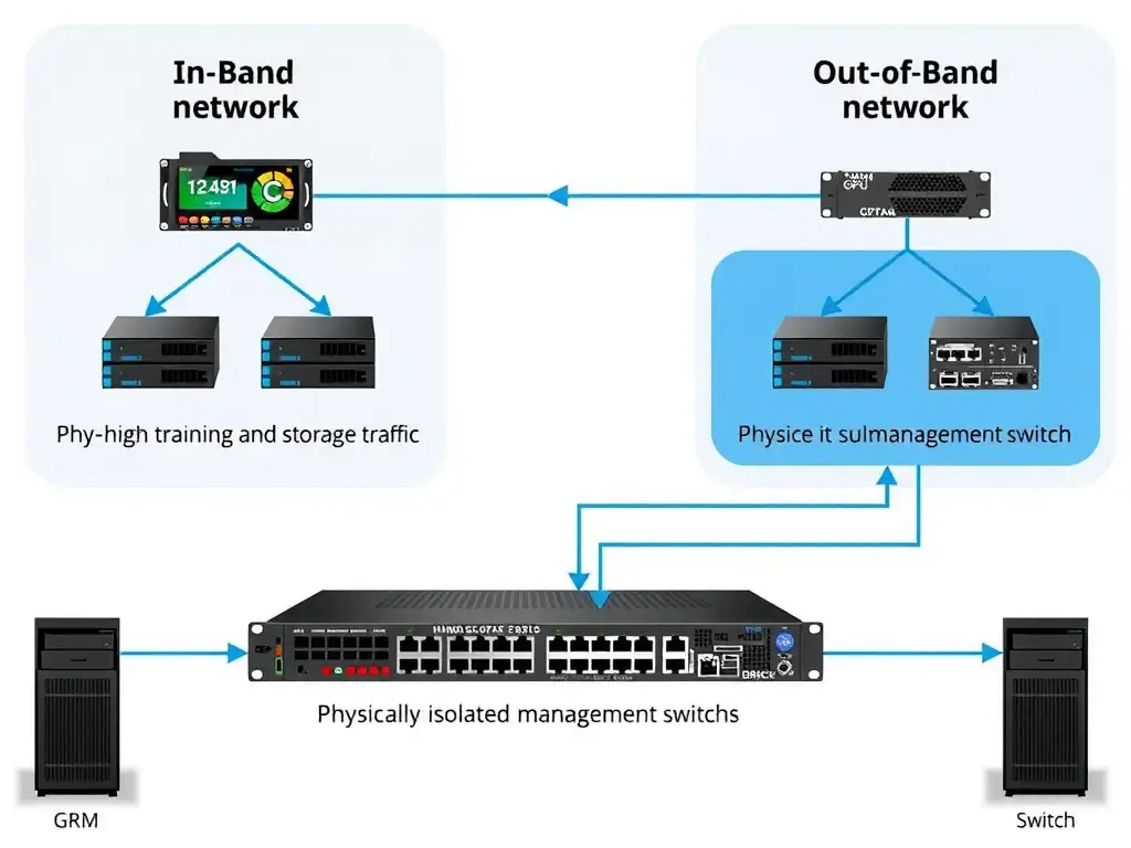 Network topology diagram illustrating In-Band network (carrying high-speed training and storage traffic between GPUs and storage) vs. Out-of-Band network (physically isolated management switch connecting to server BMC/iDRAC and switch console ports).