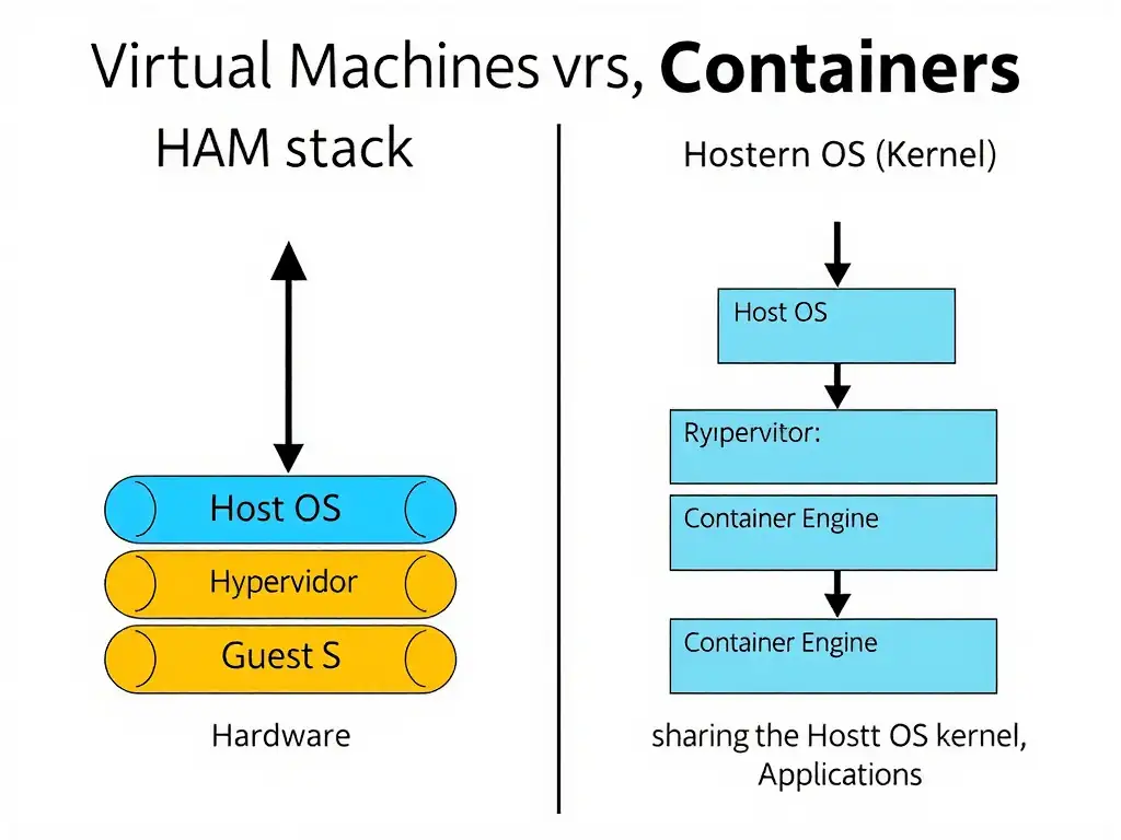 A comparative diagram showing the architecture of Virtual Machines versus Containers. On the left side, the VM stack shows Hardware -> Host OS -> Hypervisor -> Guest OS (repeated for multiple VMs) -> Application. On the right side, the Container stack shows Hardware -> Host OS (Kernel) -> Container Engine -> Containers (sharing the Host OS kernel) -> Applications.