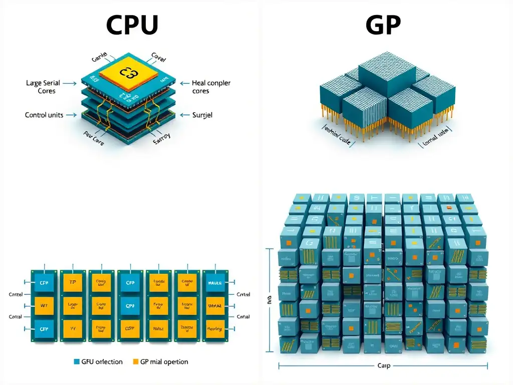 A visual comparison of CPU vs. GPU architecture. The CPU diagram shows a few large, complex cores optimized for sequential serial processing with large cache blocks and control units. The GPU diagram shows a grid of thousands of small, simple cores optimized for parallel processing of matrix mathematical operations.