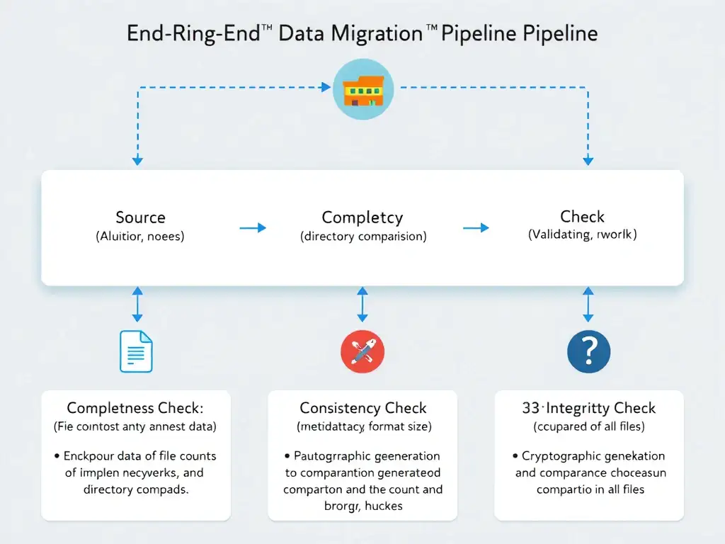 A flowchart illustrating an end-to-end data migration validation pipeline. It shows source data flowing to destination data, with three validation checks: 1) Completeness Check (file count and directory comparison), 2) Consistency Check (metadata, format, size), and 3) Integrity Check (cryptographic checksum generation and comparison of all files).