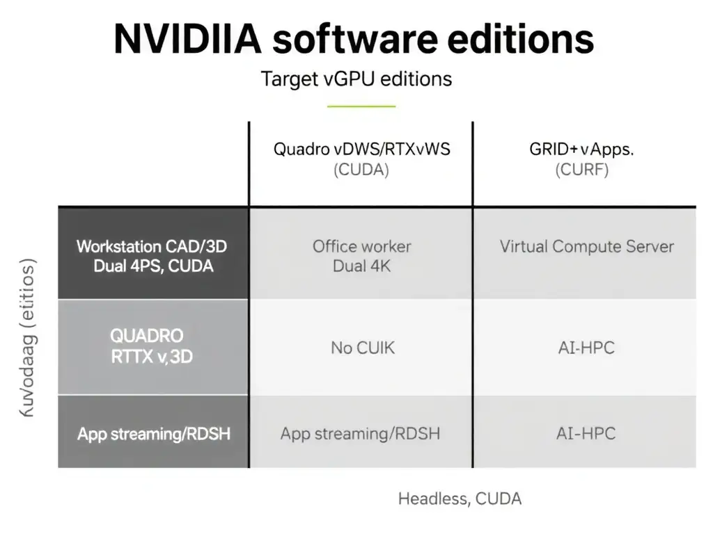 A diagram matrix of NVIDIA vGPU software editions comparing target workloads and display capabilities: Quadro vDWS/RTX vWS (Workstation CAD/3D, Quad 4K, CUDA), GRID vPC (Office worker, Dual 4K, No CUDA), GRID vApps (App streaming/RDSH), and Virtual Compute Server (AI/HPC, Headless, CUDA).