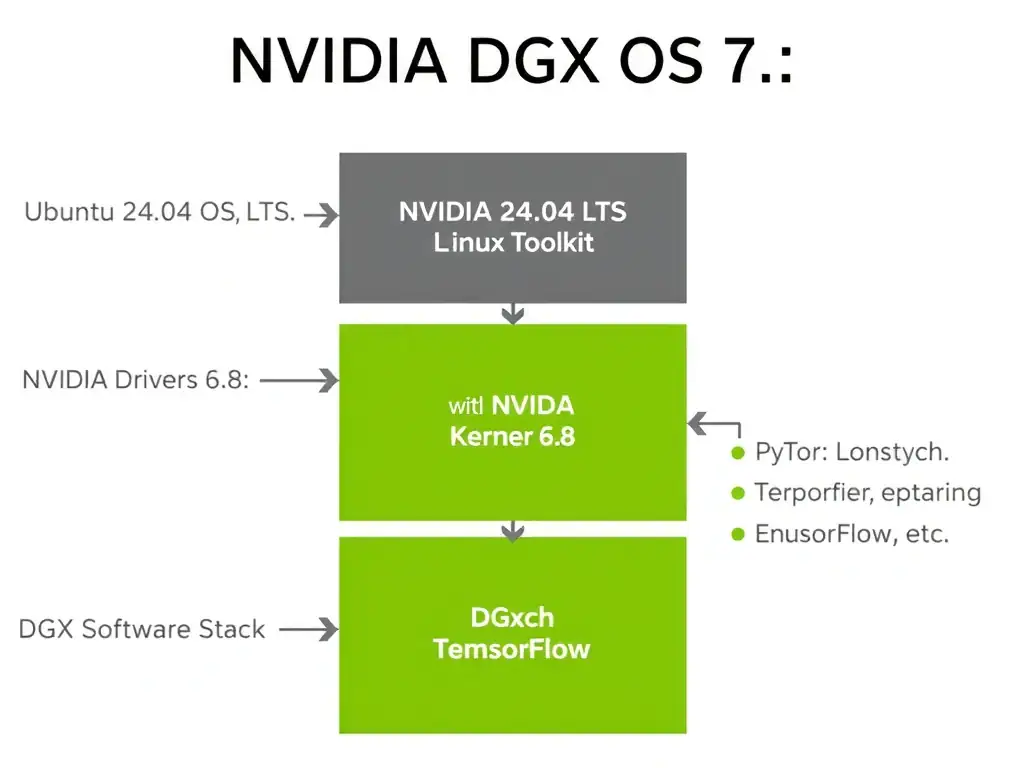 A software stack diagram of NVIDIA DGX OS 7, showing the base layer as Ubuntu 24.04 LTS (with Linux Kernel 6.8), followed by NVIDIA Drivers and CUDA Toolkit, and the top layer as the DGX Software Stack (containing PyTorch, TensorFlow, etc.).