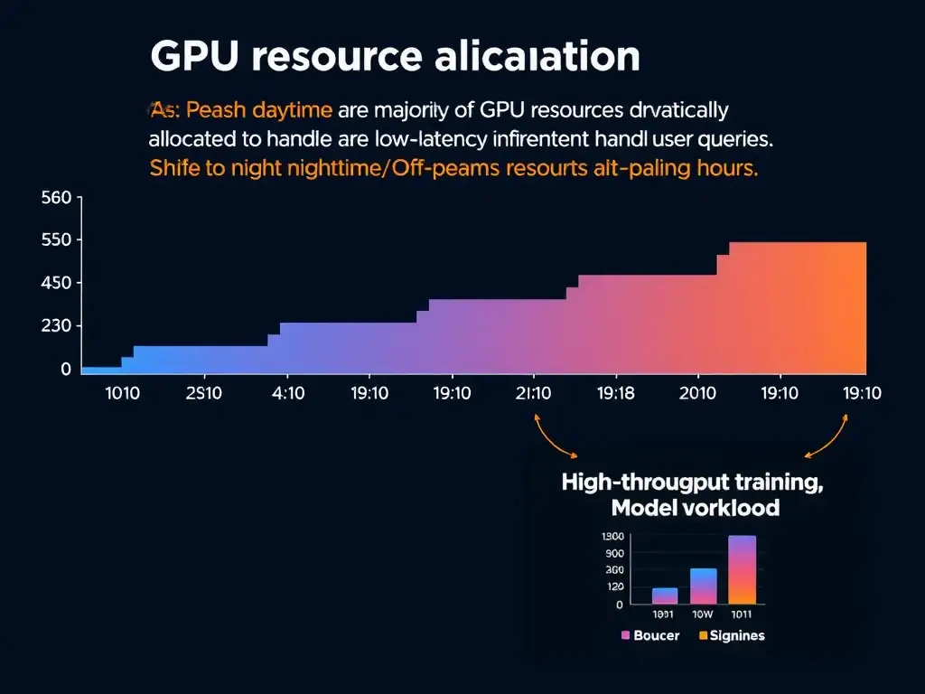 A timeline graph showing GPU resource allocation over a 24-hour cycle. During peak daytime hours, the majority of GPU resources are dynamically allocated to low-latency inference to handle user queries. During nighttime/off-peak hours, resources shift to high-throughput model training workloads.