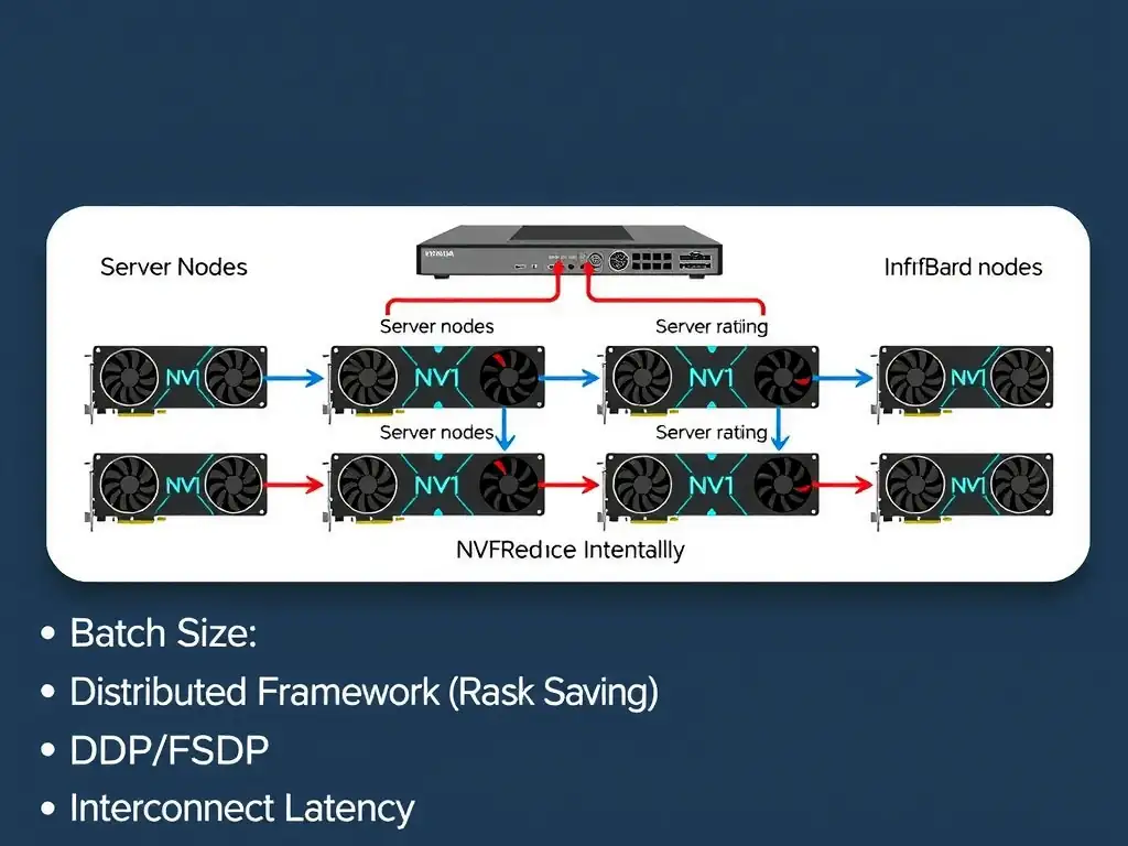 A schematic of a multi-node distributed GPU training setup. It shows 4 server nodes connected via an InfiniBand switch. Each node contains multiple GPUs connected by high-speed NVLink internally. The diagram highlights the flow of gradient updates between nodes during AllReduce operations and lists key tuning variables: Batch Size, Distributed Framework (DDP/FSDP), and Interconnect Latency.