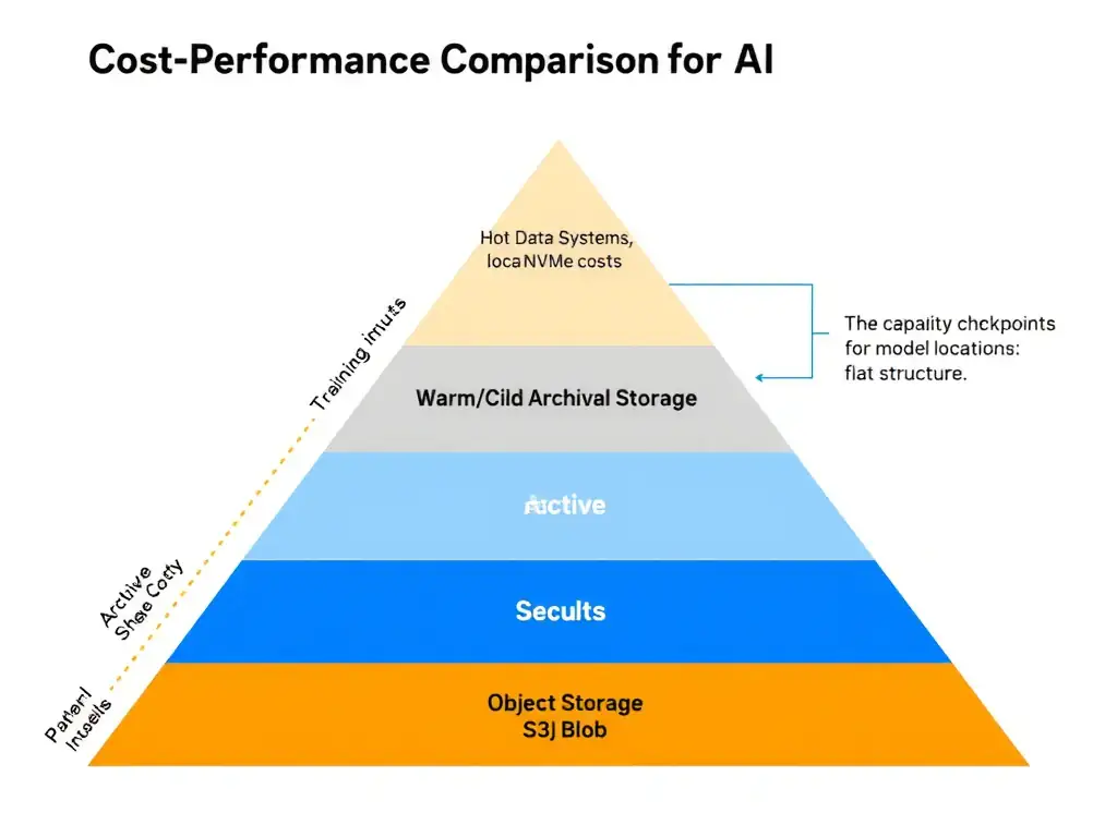A cost-performance comparison pyramid of storage tiers for AI. The top tier is "Hot Data Storage" (Parallel File Systems, local NVMe SSDs) representing high performance and high cost, used for active training inputs. The bottom tier is "Warm/Cold Archival Storage" (Object Storage like S3/Blob) representing high capacity, low cost, and flat structure, annotated as the ideal location for model checkpoints.