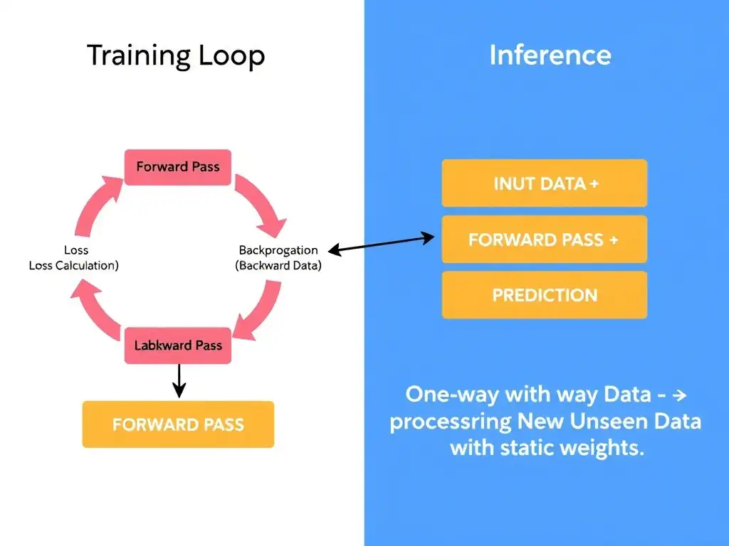 A dual-panel process flow diagram. The left panel shows the "Training Loop" with a circular path showing Forward Pass -> Loss Calculation -> Backpropagation (Backward Pass) -> Weight Update, processing Labeled Data. The right panel shows "Inference" as a linear, one-way path showing Input Data -> Forward Pass -> Prediction, processing New Unseen Data with static weights.