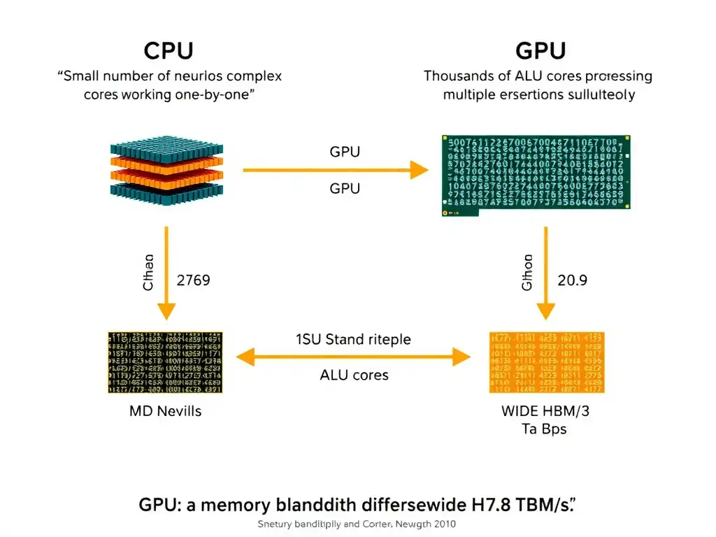 Comparison diagram showing a CPU's sequential processing of neural network layers (small number of complex cores working one-by-one) versus a GPU's parallel processing (thousands of simple ALU cores processing multiple tensor operations simultaneously). Show the memory bandwidth difference, with CPUs having a narrow 50 GB/s path and GPUs having a wide HBM3 7.8 TB/s path.