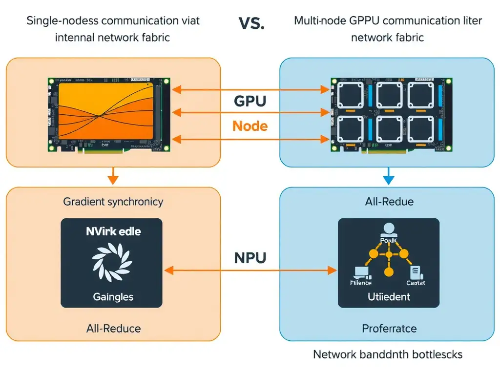 Architecture diagram contrasting single-node GPU communication via internal high-speed NVLink lanes with multi-node GPU communication over an external network fabric. Show gradient synchronization (All-Reduce) causing communication latency and idle GPU states (reduced utilization) due to network bandwidth bottlenecks between nodes.
