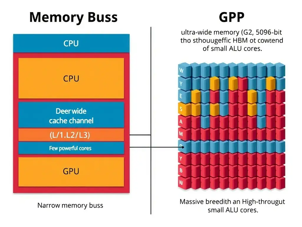 Block diagram comparing the memory bus architecture of a CPU and a GPU. Show the CPU with a narrow memory bus (64-bit channel) leading to a deep cache hierarchy (L1/L2/L3) and a few powerful cores, highlighting low-latency access. Show the GPU with an ultra-wide memory bus (e.g., 512-bit or 4096-bit HBM) leading directly to thousands of small ALU cores, highlighting massive bandwidth and high-throughput data streams.