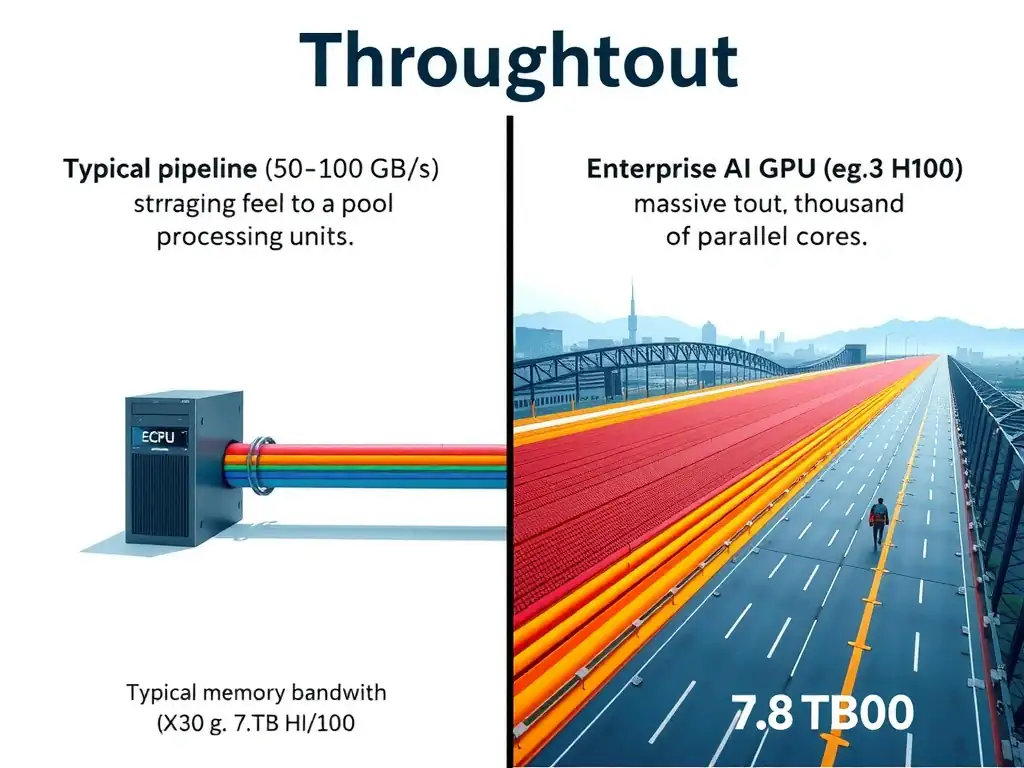 A throughput comparison infographic. On one side, show a server CPU labeled with typical memory bandwidth (~50-100 GB/s) depicted as a narrow pipeline struggling to feed a pool of processing units. On the other side, show an enterprise AI GPU (e.g. H100) labeled with high-end memory bandwidth (up to 7.8 TB/s) depicted as an ultra-wide highway or firehose delivering massive data flow to thousands of parallel cores.