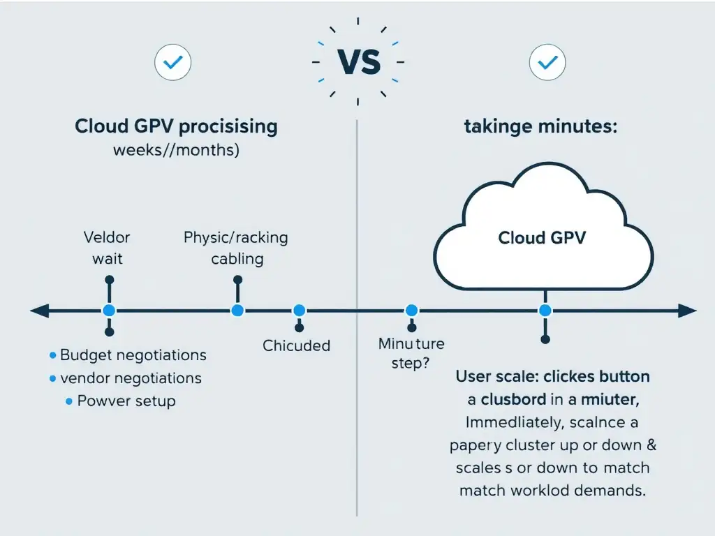 A workflow timeline diagram comparing cloud GPU provisioning versus on-premises procurement. The on-premises track shows multiple steps taking weeks/months: budget approval, vendor negotiations, shipping wait, physical racking/cabling, and power setup. The cloud GPU track shows a single step taking minutes: user clicks button in a dashboard, immediately scaling a cluster up or down to match workload demands.