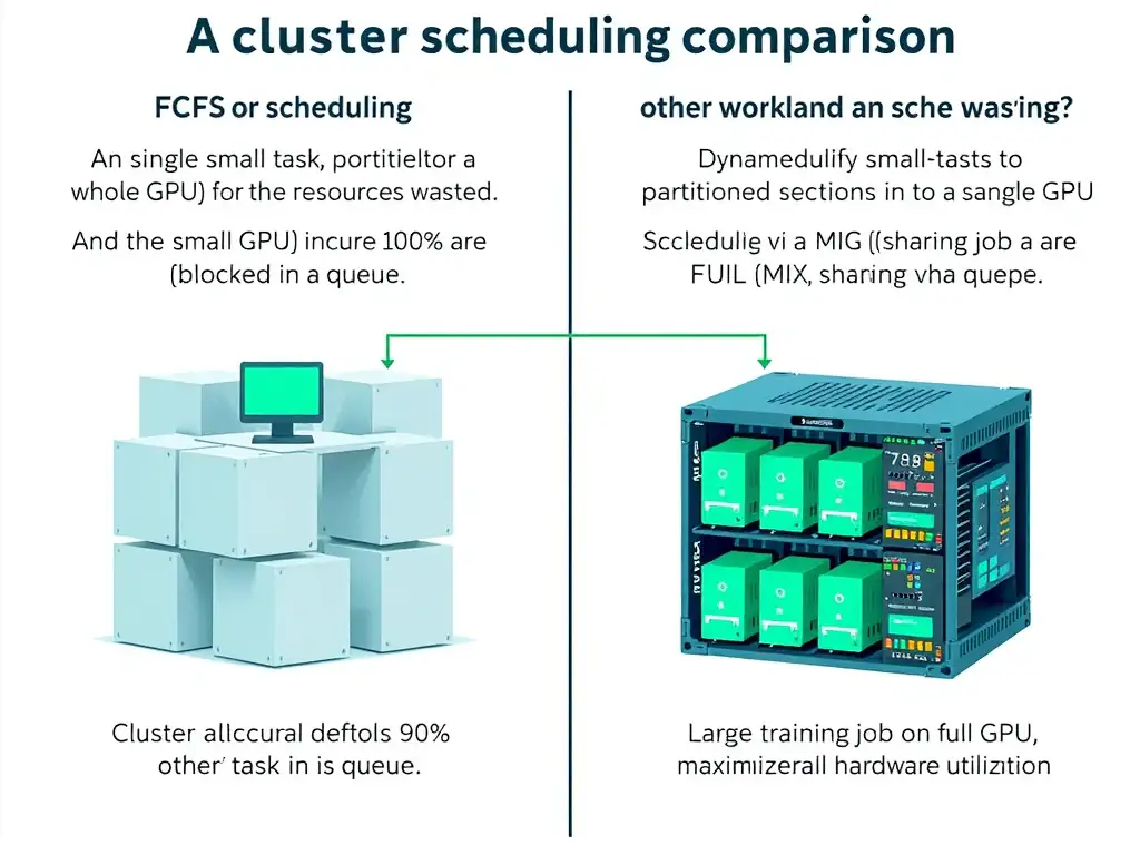 A cluster scheduling comparison diagram. On one side, show inefficient scheduling (FCFS or static partitioning) where a single small task occupies a whole GPU, leaving 90% of its resources wasted, and other tasks are blocked in a queue. On the other side, show dynamic workload-aware scheduling where a scheduler allocates multiple small tasks to partitioned sections of a single GPU (sharing via MIG) while scheduling a large training job on a full GPU, maximizing overall hardware utilization.