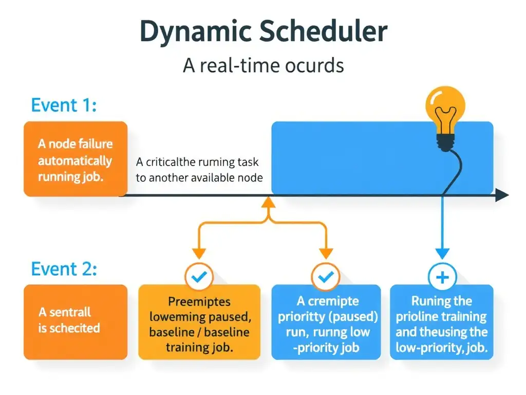 A timeline diagram showing a dynamic scheduler responding to real-time events. Event 1: A node failure occurs, showing the scheduler automatically moving the running job to another available node. Event 2: A critical high-priority validation task is submitted, showing the scheduler preempting (pausing) a low-priority baseline training job, running the high-priority job, and then resuming the low-priority job.