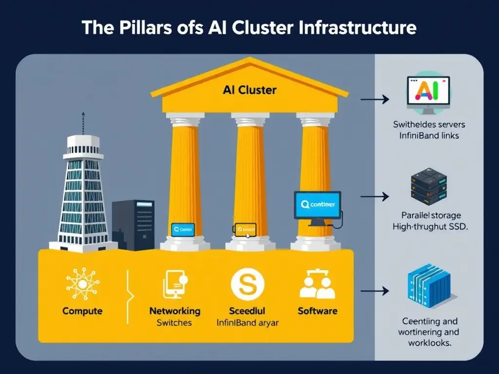 An architectural diagram showing the 5 pillars of AI cluster infrastructure. The 5 pillars are displayed side-by-side or as foundation blocks: 1) Data Center (cooling tower, power generators), 2) Compute (servers with GPUs/CPUs), 3) Networking (switches and high-speed InfiniBand links), 4) Storage (parallel storage array, high-throughput SSDs), and 5) Software (container icon, scheduling dashboard), showing how they connect to support AI workloads.