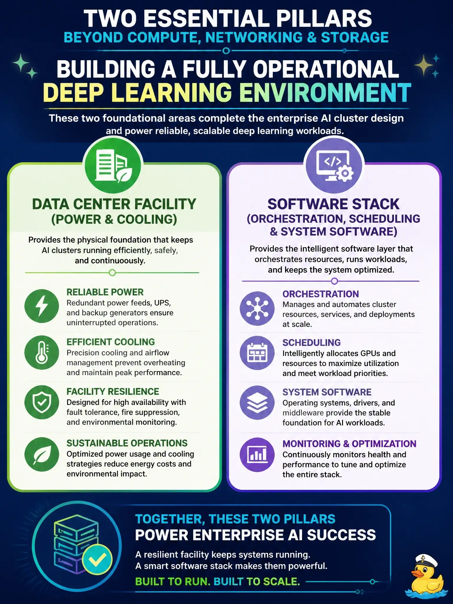 To Create an exciting colorful infographic that explains the concepts in the question: Question: In addition to compute, networking, and storage, which two further foundational areas must an enterprise AI cluster design integrate to form a fully operational deep learning environment? Correct Answer: The data center facility (power and cooling) and the software stack (orchestration, scheduling, and system software) Put EVERY visible label in double quotes. No people. No A/B/C/D letters. In one of the four corners put a little "Navy Duck".