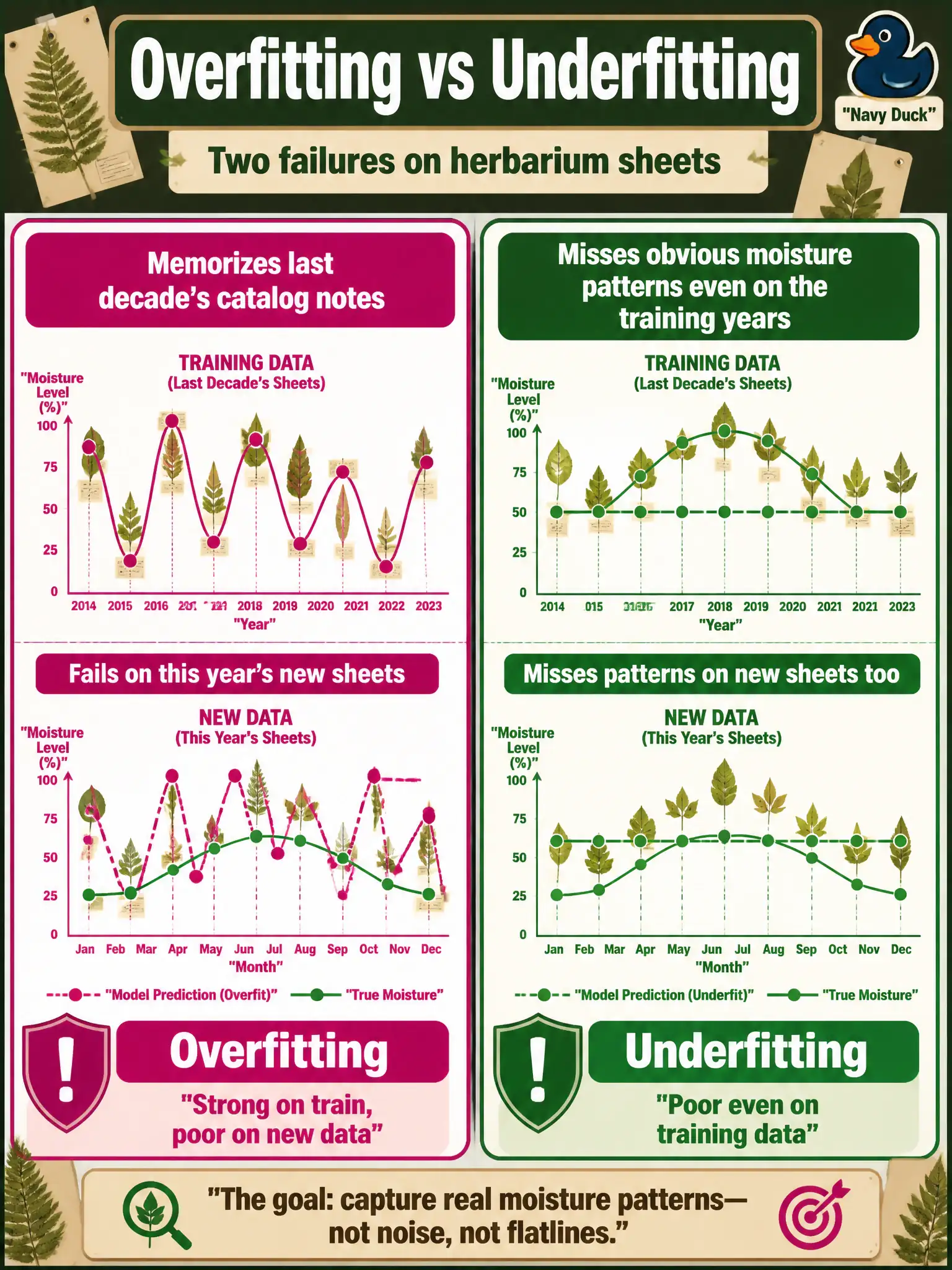 To Create an exciting colorful infographic that explains the concepts in the question: Question: An herbarium model memorizes last decade’s catalog notes and then fails on this year’s new sheets, while a second model is so simple it misses obvious moisture patterns even on the training years. What are those two failures? Correct Answer: Overfitting (strong on train, poor on new data) versus underfitting (poor even on training data). Put EVERY visible label in double quotes. No people. No A/B/C/D letters. In one of the four corners put a little "Navy Duck".