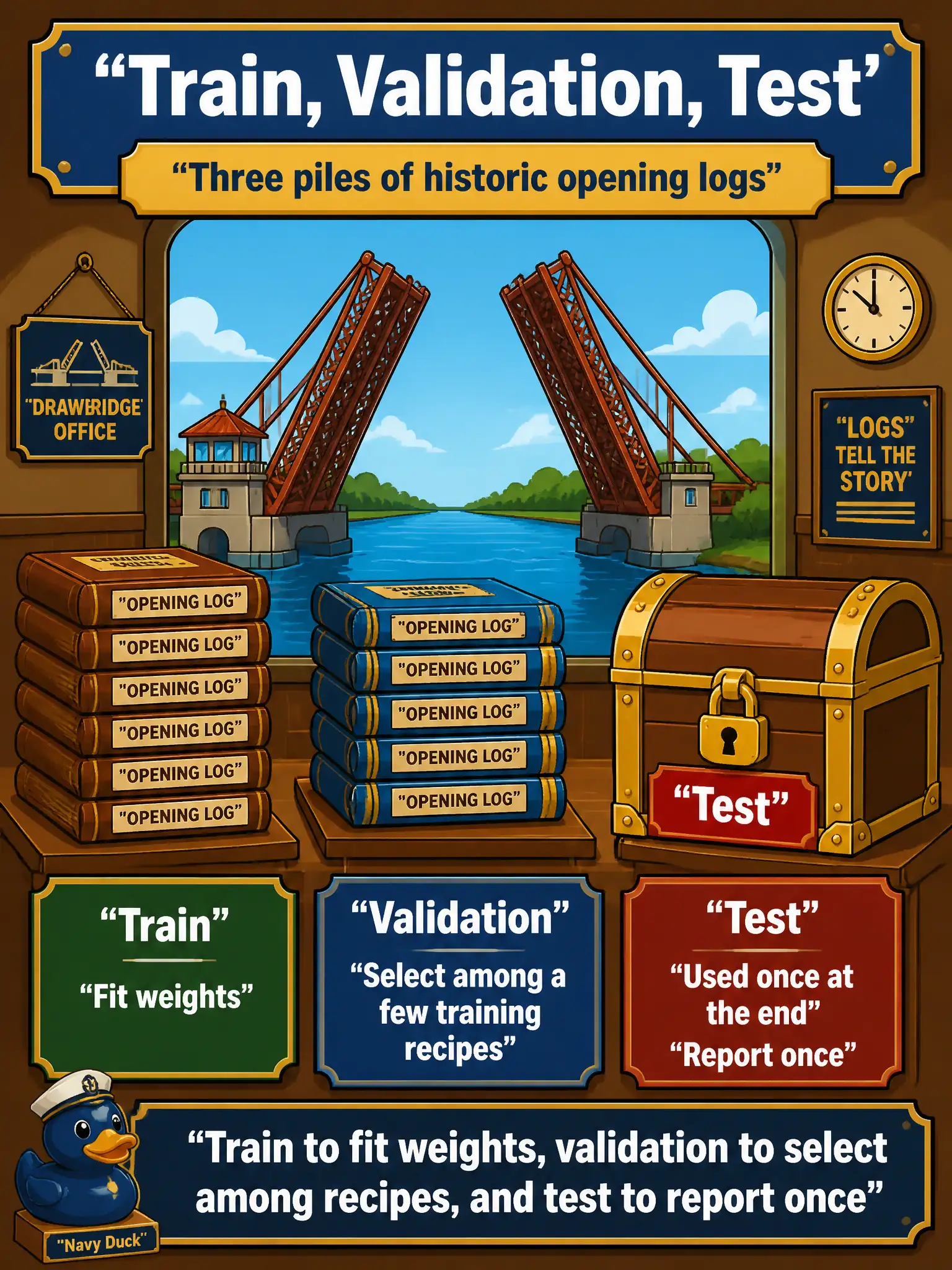 To Create an exciting colorful infographic that explains the concepts in the question: Question: A drawbridge office splits historic opening logs three ways: one pile to fit weights, one pile to choose among a few training recipes, and a locked-away pile used once at the end. What is each pile for? Correct Answer: Train to fit weights, validation to select among recipes, and test to report once. Put EVERY visible label in double quotes. No people. No A/B/C/D letters. In one of the four corners put a little "Navy Duck".
