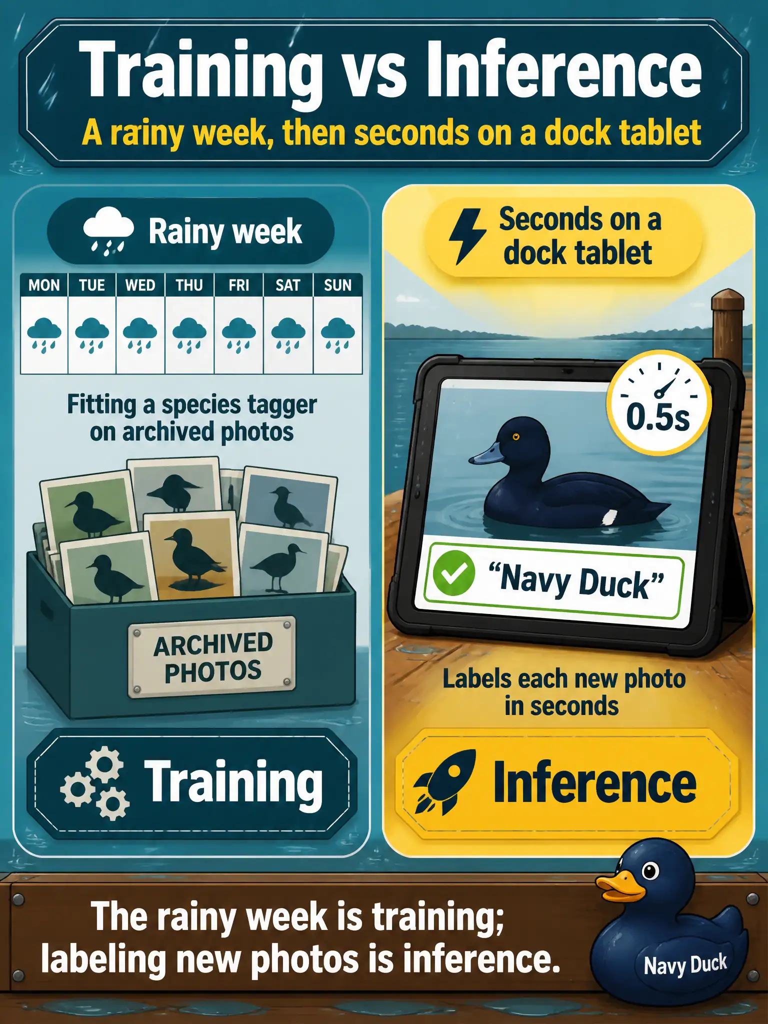 To Create an exciting colorful infographic that explains the concepts in the question: Question: A bird-banding station spends a rainy week fitting a species tagger on archived photos, then the tagger later labels each new photo in seconds on a dock tablet. Which span is which? Correct Answer: The rainy week is training; labeling new photos is inference. Put EVERY visible label in double quotes. No people. No A/B/C/D letters. In one of the four corners put a little "Navy Duck".