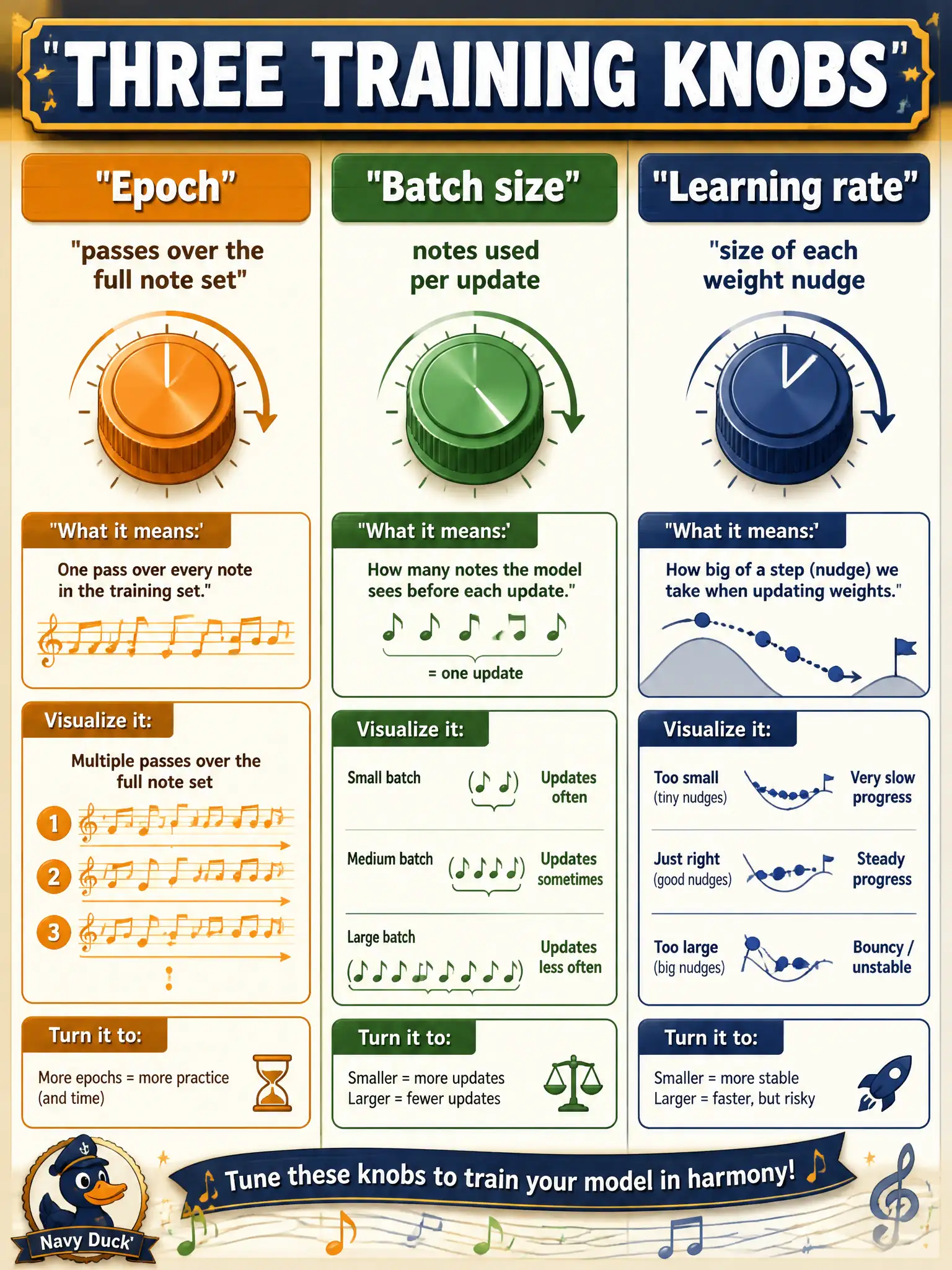 To Create an exciting colorful infographic that explains the concepts in the question: Question: A maple-sugar cooperative’s training log shows how many times the full note set was seen, how many notes were used per update, and how large each weight nudge was. Which three knobs are those? Correct Answer: Epoch (passes over the set), batch size (examples per update), and learning rate (size of each nudge). Put EVERY visible label in double quotes. No people. No A/B/C/D letters. In one of the four corners put a little "Navy Duck".