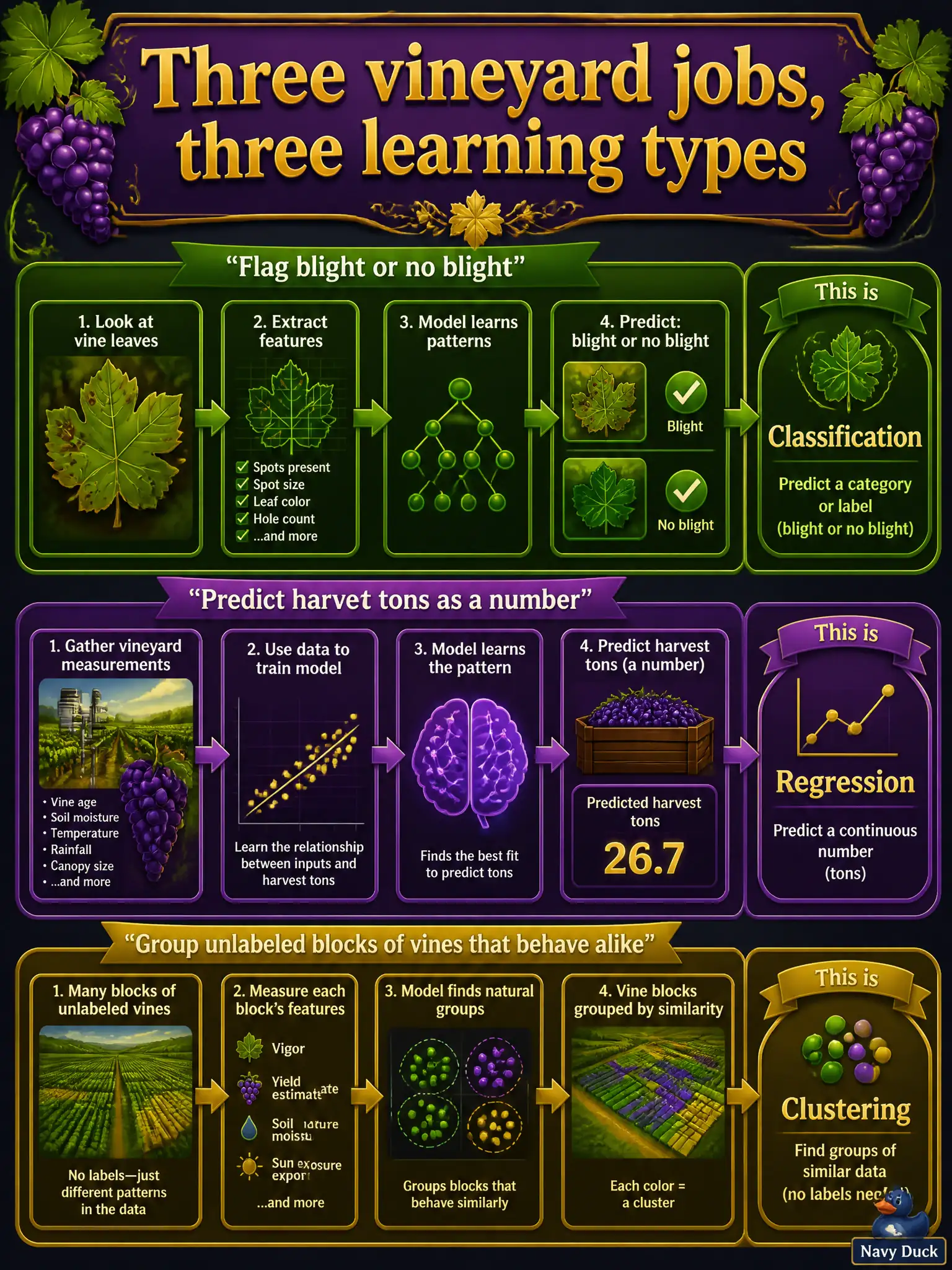 To Create an exciting colorful infographic that explains the concepts in the question: Question: A municipal vineyard desk wants three jobs: flag blight or no blight, predict harvest tons as a number, and group unlabeled blocks of vines that behave alike. Which learning types are those? Correct Answer: Classification, regression, and clustering. Put EVERY visible label in double quotes. No people. No A/B/C/D letters. In one of the four corners put a little "Navy Duck".