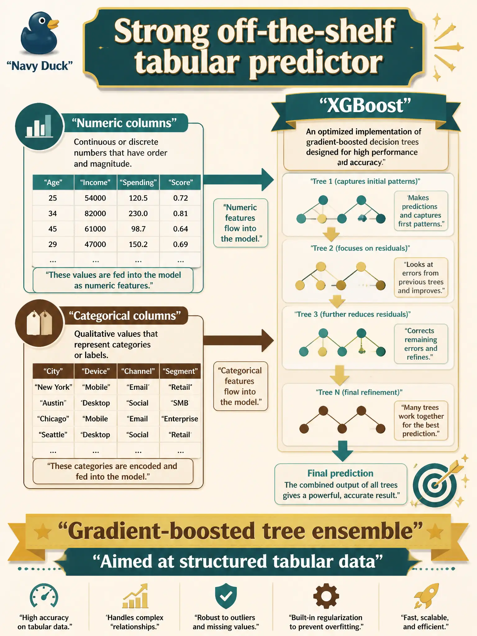 To Create an exciting colorful infographic that explains the concepts in the question: Question: A flour-mill lab has mixed numeric and categorical columns and needs a strong off-the-shelf predictor. Which family fits that tabular science problem? Correct Answer: XGBoost: a gradient-boosted tree ensemble aimed at structured tabular data. Put EVERY visible label in double quotes. No people. No A/B/C/D letters. In one of the four corners put a little "Navy Duck".