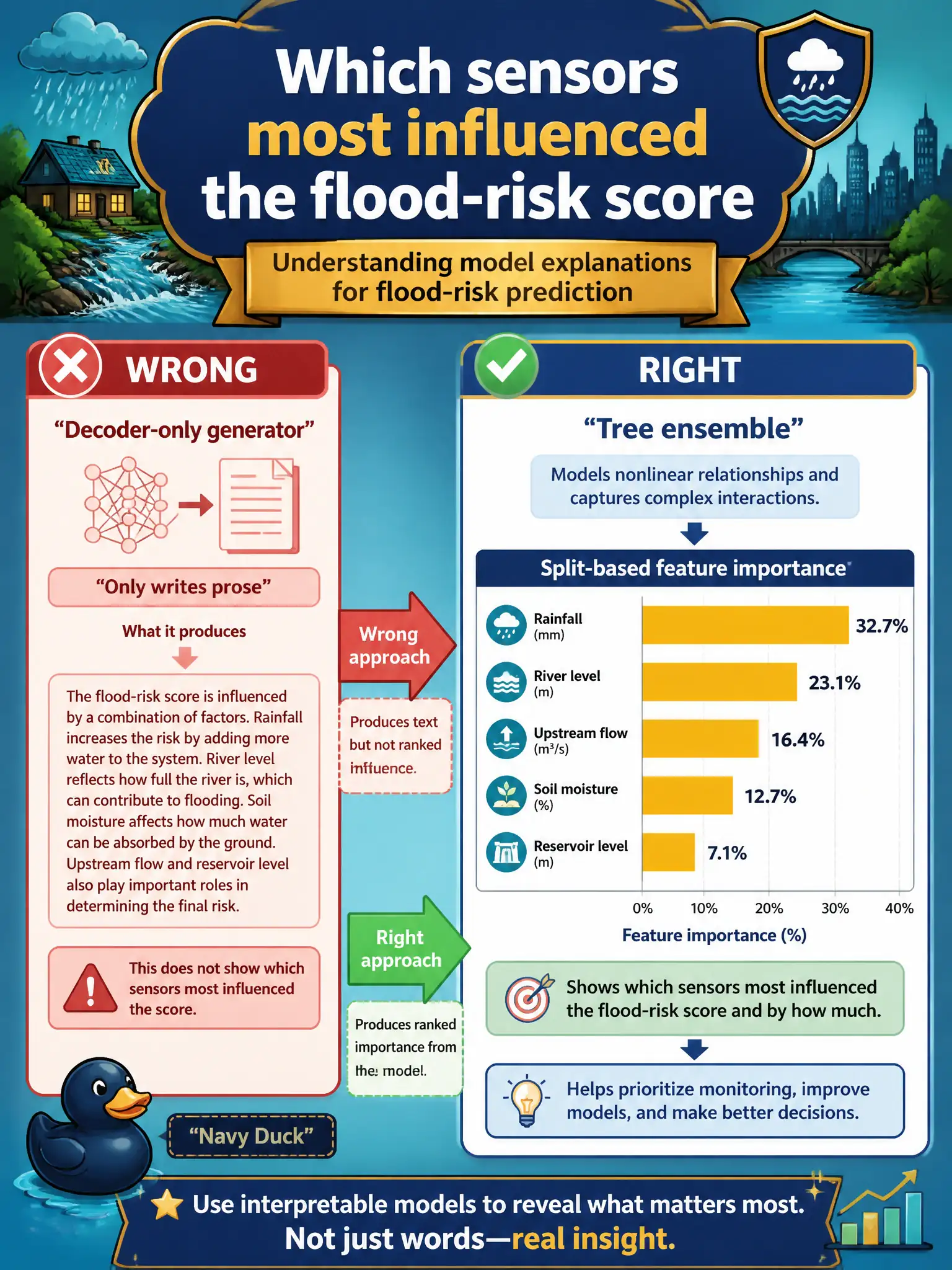 To Create an exciting colorful infographic that explains the concepts in the question: Question: A creek-gauge office must tell the council which sensors most influenced a flood-risk score. Which method can surface that contribution? Correct Answer: A tree ensemble that can report split-based feature importance, not a decoder-only generator that only writes prose. Put EVERY visible label in double quotes. No people. No A/B/C/D letters. In one of the four corners put a little "Navy Duck".
