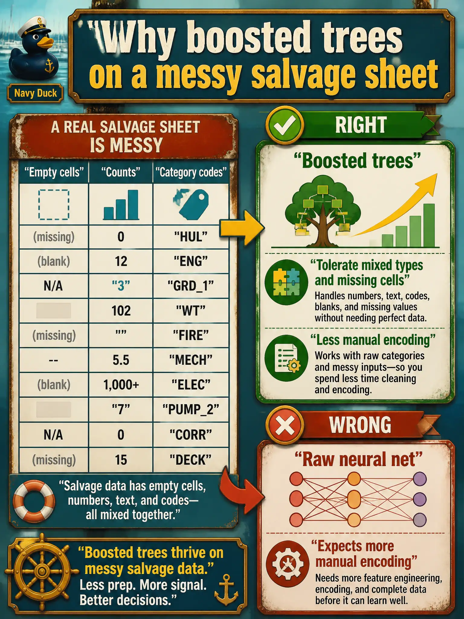 To Create an exciting colorful infographic that explains the concepts in the question: Question: A marina salvage sheet has empty cells and a mix of counts and category codes. Why are boosted trees often used on that kind of table? Correct Answer: They often tolerate mixed types and missing cells with less manual encoding than a raw neural net expects. Put EVERY visible label in double quotes. No people. No A/B/C/D letters. In one of the four corners put a little "Navy Duck".