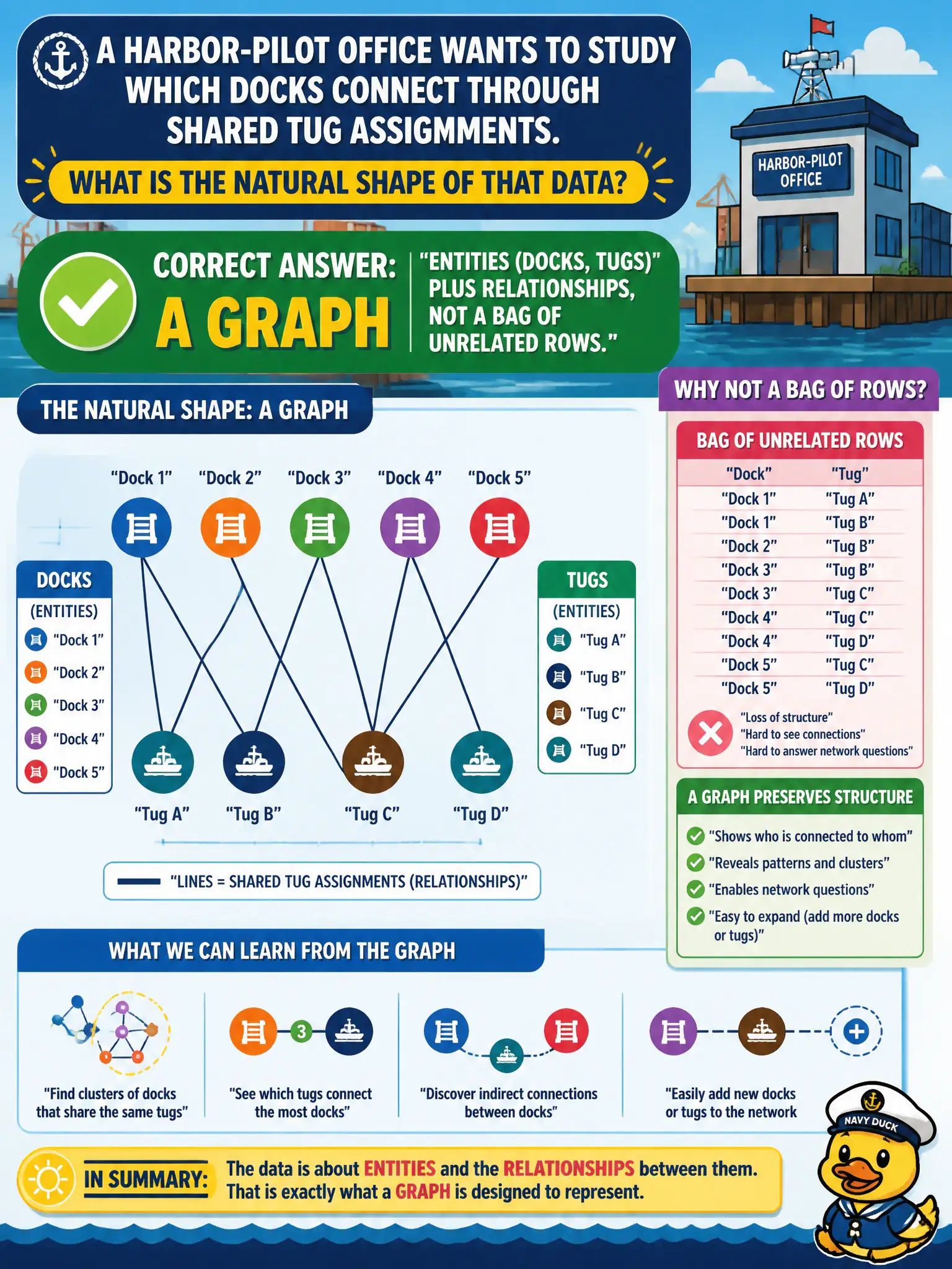 To Create an exciting colorful infographic that explains the concepts in the question: Question: A harbor-pilot office wants to study which docks connect through shared tug assignments. What is the natural shape of that data? Correct Answer: A graph: entities (docks, tugs) plus relationships, not a bag of unrelated rows. Put EVERY visible label in double quotes. No people. No A/B/C/D letters. In one of the four corners put a little "Navy Duck".