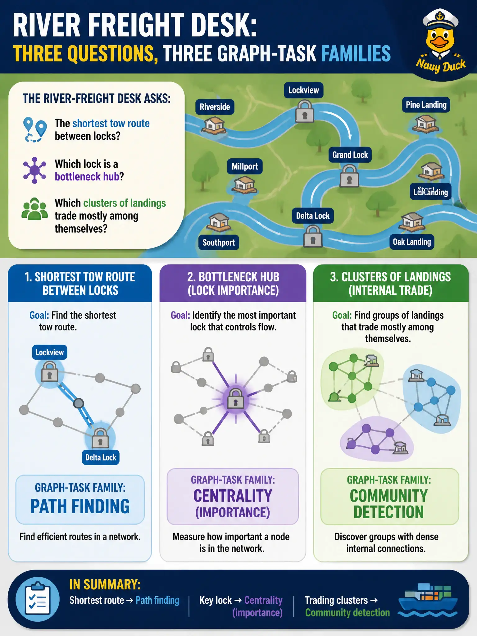 To Create an exciting colorful infographic that explains the concepts in the question: Question: A river-freight desk asks three questions: the shortest tow route between locks, which lock is a bottleneck hub, and which clusters of landings trade mostly among themselves. Which graph-task families are those? Correct Answer: Path finding, centrality (importance), and community detection. Put EVERY visible label in double quotes. No people. No A/B/C/D letters. In one of the four corners put a little "Navy Duck".