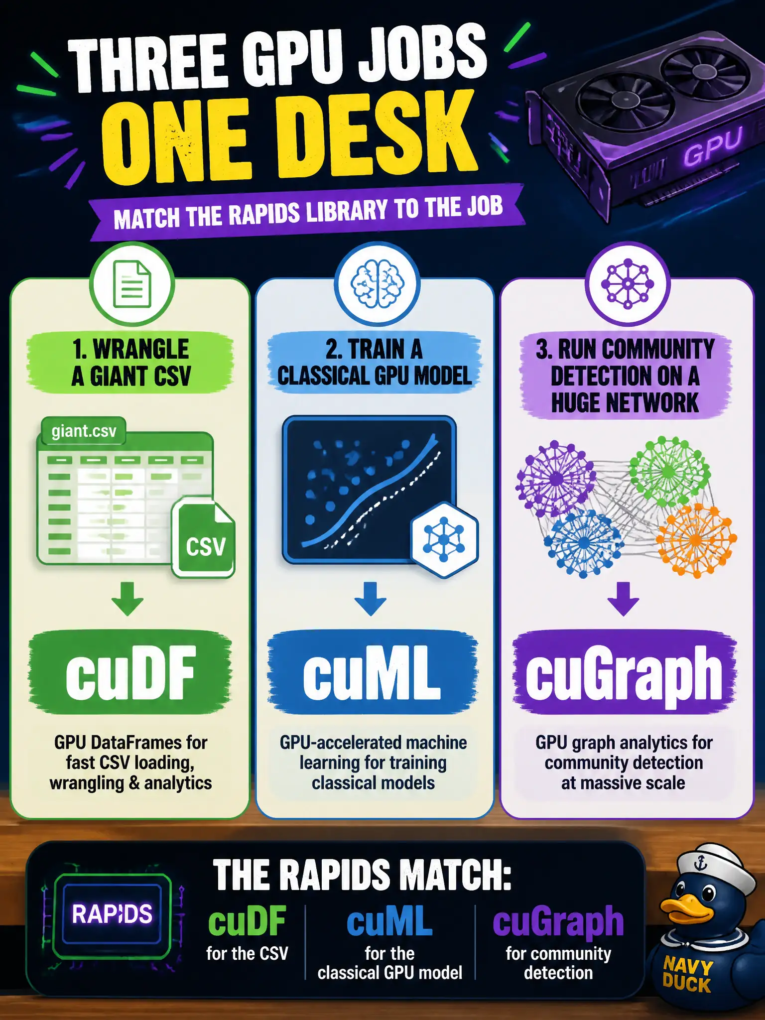 To Create an exciting colorful infographic that explains the concepts in the question: Question: Three GPU jobs land on one desk: wrangle a giant CSV, train a classical GPU model, and run community detection on a huge network. Which RAPIDS libraries match those jobs? Correct Answer: cuDF for the CSV, cuML for the classical GPU model, and cuGraph for community detection. Put EVERY visible label in double quotes. No people. No A/B/C/D letters. In one of the four corners put a little "Navy Duck".