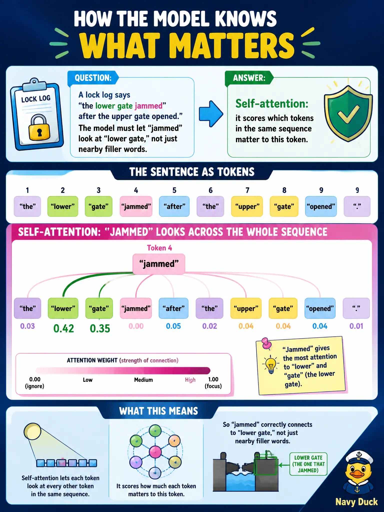 To Create an exciting colorful infographic that explains the concepts in the question: Question: A lock log says “the lower gate jammed after the upper gate opened.” The model must let “jammed” look at “lower gate,” not just nearby filler words. Which mechanism scores those relationships? Correct Answer: Self-attention: it scores which tokens in the same sequence matter to this token. Put EVERY visible label in double quotes. No people. No A/B/C/D letters. In one of the four corners put a little "Navy Duck".