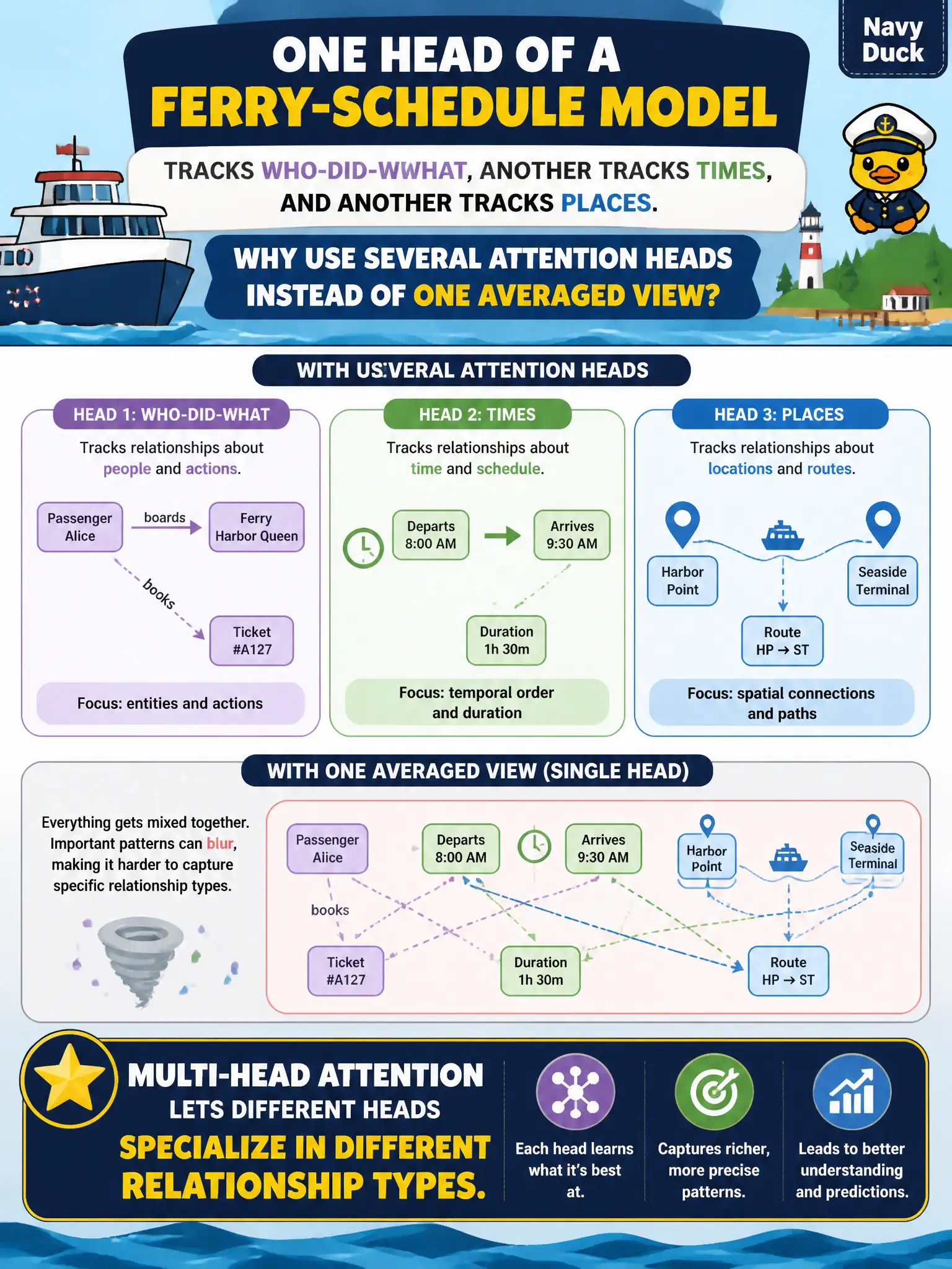 To Create an exciting colorful infographic that explains the concepts in the question: Question: One head of a ferry-schedule model tracks who-did-what, another tracks times, and another tracks places. Why use several attention heads instead of one averaged view? Correct Answer: Multi-head attention lets different heads specialize in different relationship types. Put EVERY visible label in double quotes. No people. No A/B/C/D letters. In one of the four corners put a little "Navy Duck".