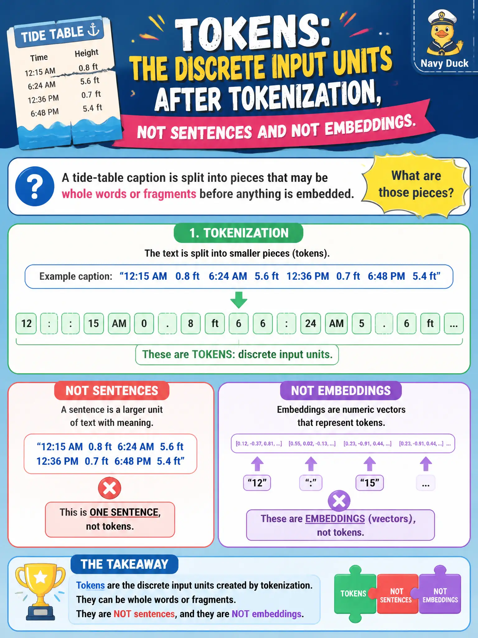 To Create an exciting colorful infographic that explains the concepts in the question: Question: A tide-table caption is split into pieces that may be whole words or fragments before anything is embedded. What are those pieces? Correct Answer: Tokens: the discrete input units after tokenization, not sentences and not embeddings. Put EVERY visible label in double quotes. No people. No A/B/C/D letters. In one of the four corners put a little "Navy Duck".