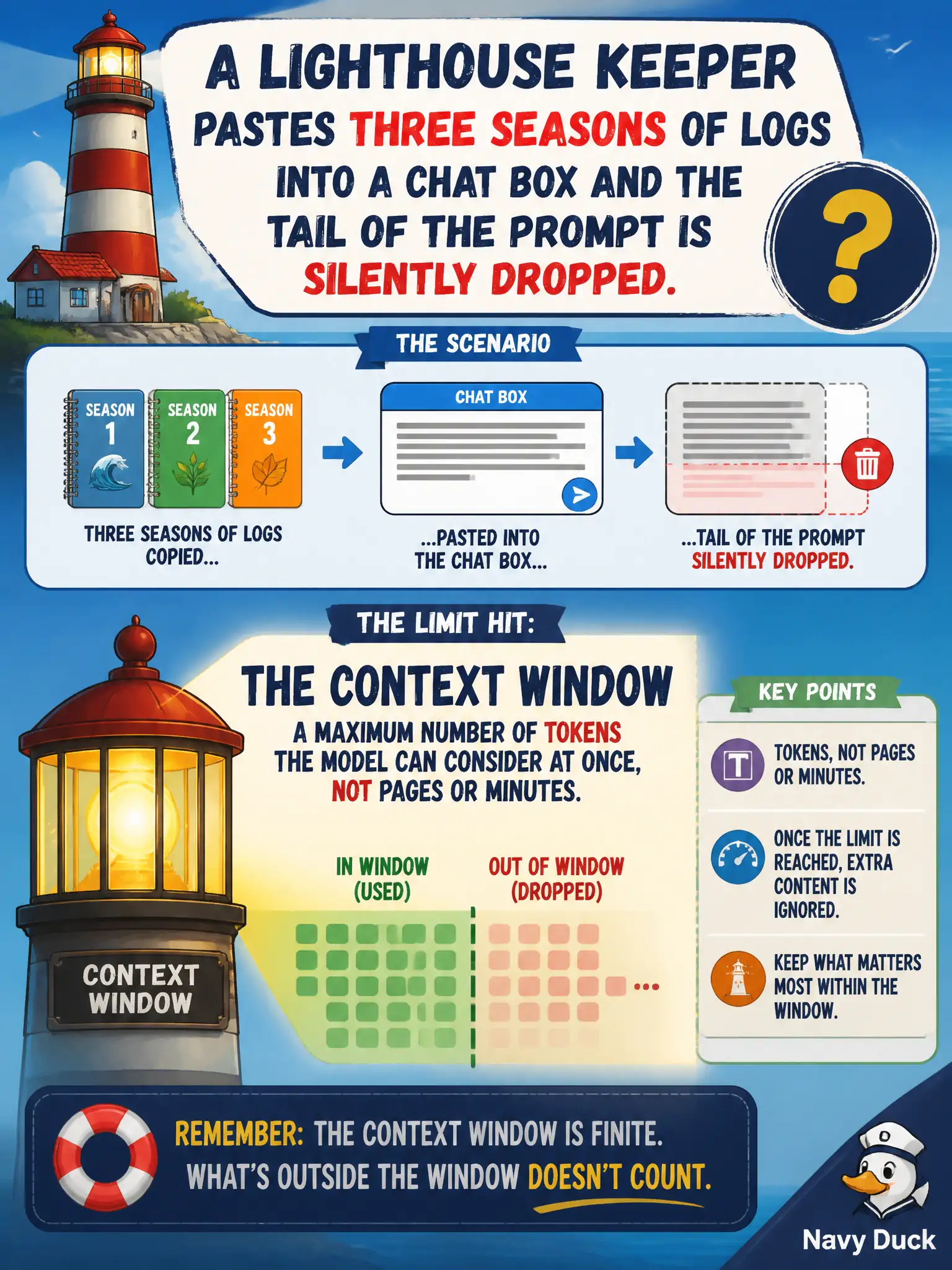 To Create an exciting colorful infographic that explains the concepts in the question: Question: A lighthouse keeper pastes three seasons of logs into a chat box and the tail of the prompt is silently dropped. What limit was hit? Correct Answer: The context window: a maximum number of tokens the model can consider at once, not pages or minutes. Put EVERY visible label in double quotes. No people. No A/B/C/D letters. In one of the four corners put a little "Navy Duck".