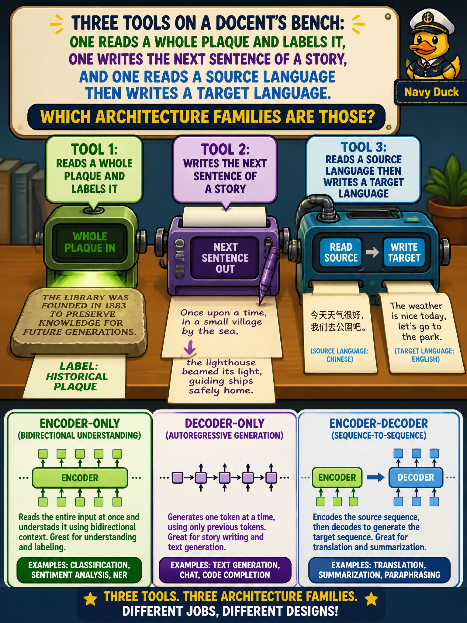 To Create an exciting colorful infographic that explains the concepts in the question: Question: Three tools sit on a docent’s bench: one reads a whole plaque and labels it, one writes the next sentence of a story, and one reads a source language then writes a target language. Which architecture families are those? Correct Answer: Encoder-only (bidirectional understanding), decoder-only (autoregressive generation), and encoder-decoder (sequence-to-sequence). Put EVERY visible label in double quotes. No people. No A/B/C/D letters. In one of the four corners put a little "Navy Duck".