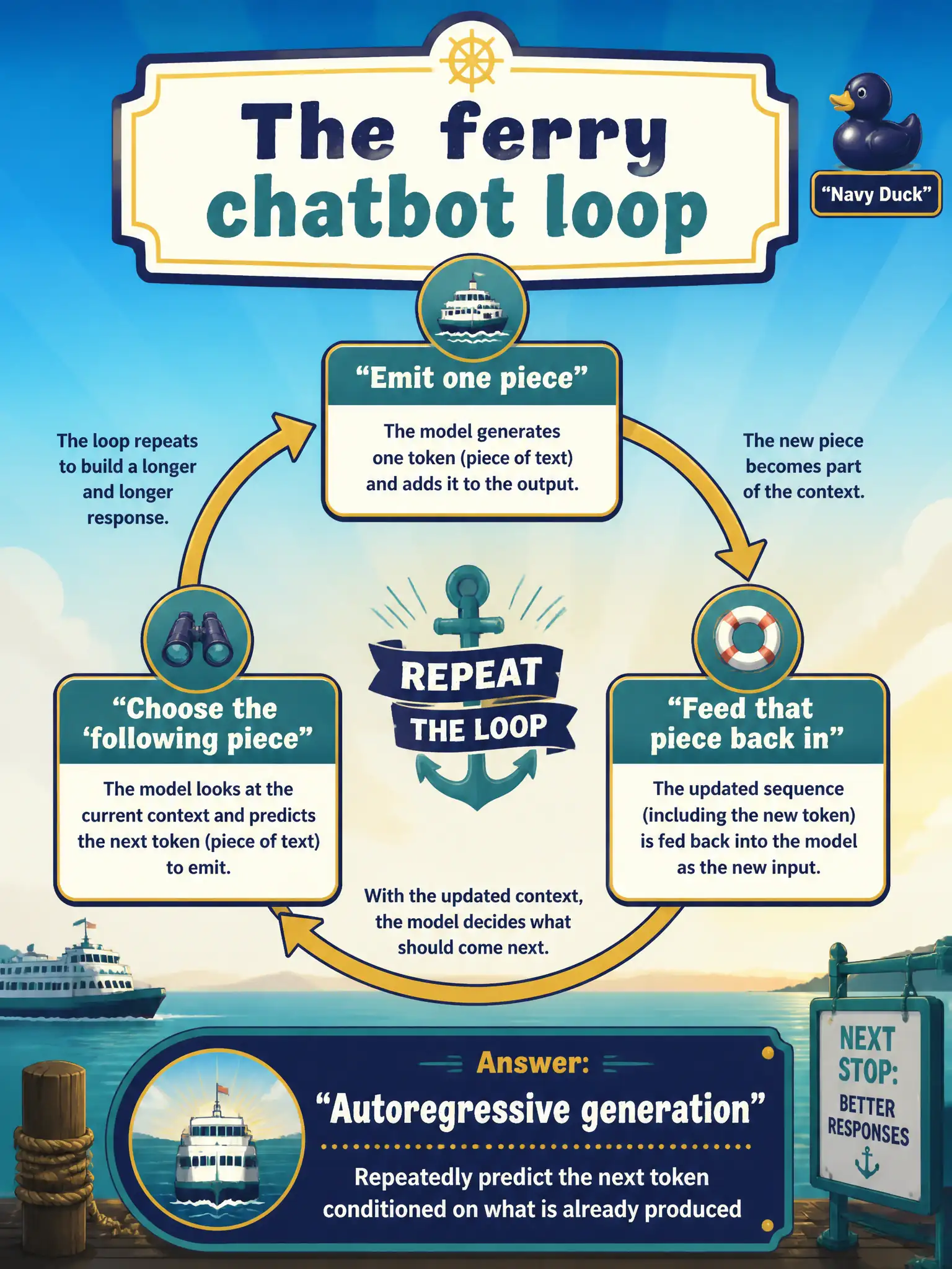 To Create an exciting colorful infographic that explains the concepts in the question: Question: A ferry chatbot emits one piece, then feeds that piece back in to choose the following piece, and so on. What is that loop? Correct Answer: Autoregressive generation: repeatedly predict the next token conditioned on what is already produced. Put EVERY visible label in double quotes. No people. No A/B/C/D letters. In one of the four corners put a little "Navy Duck".