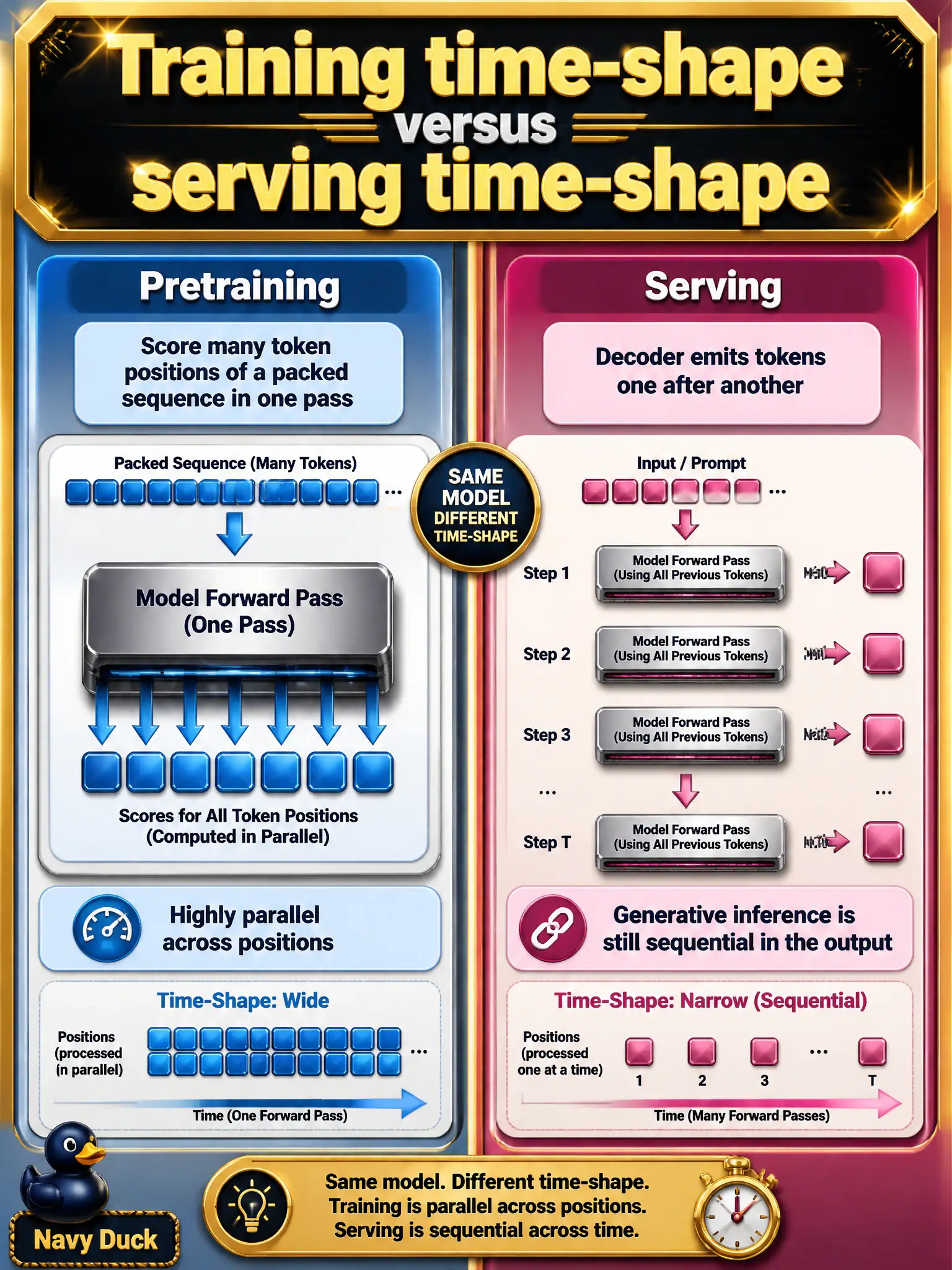 To Create an exciting colorful infographic that explains the concepts in the question: Question: During pretraining a transformer can score many token positions of a packed sequence in one pass, but at serving time a decoder still emits tokens one after another. How do those time-shapes differ? Correct Answer: Training can be highly parallel across positions; generative inference is still sequential in the output. Put EVERY visible label in double quotes. No people. No A/B/C/D letters. In one of the four corners put a little "Navy Duck".
