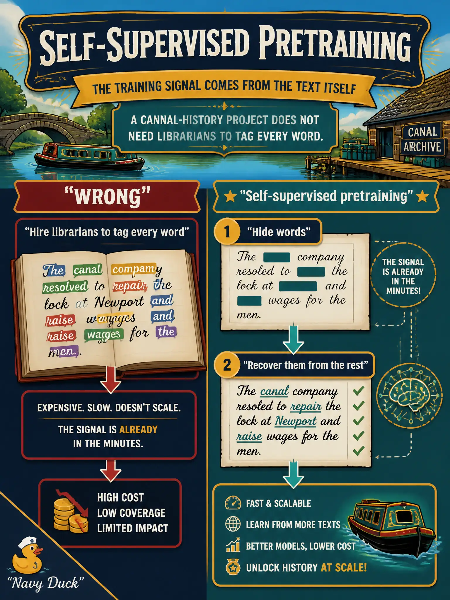 To Create an exciting colorful infographic that explains the concepts in the question: Question: A canal-history project cannot afford librarians to tag every word in a century of minutes, yet it can hide some words and ask the model to recover them from the rest. What is that approach? Correct Answer: Self-supervised pretraining: the training signal comes from the text itself. Put EVERY visible label in double quotes. No people. No A/B/C/D letters. In one of the four corners put a little "Navy Duck".