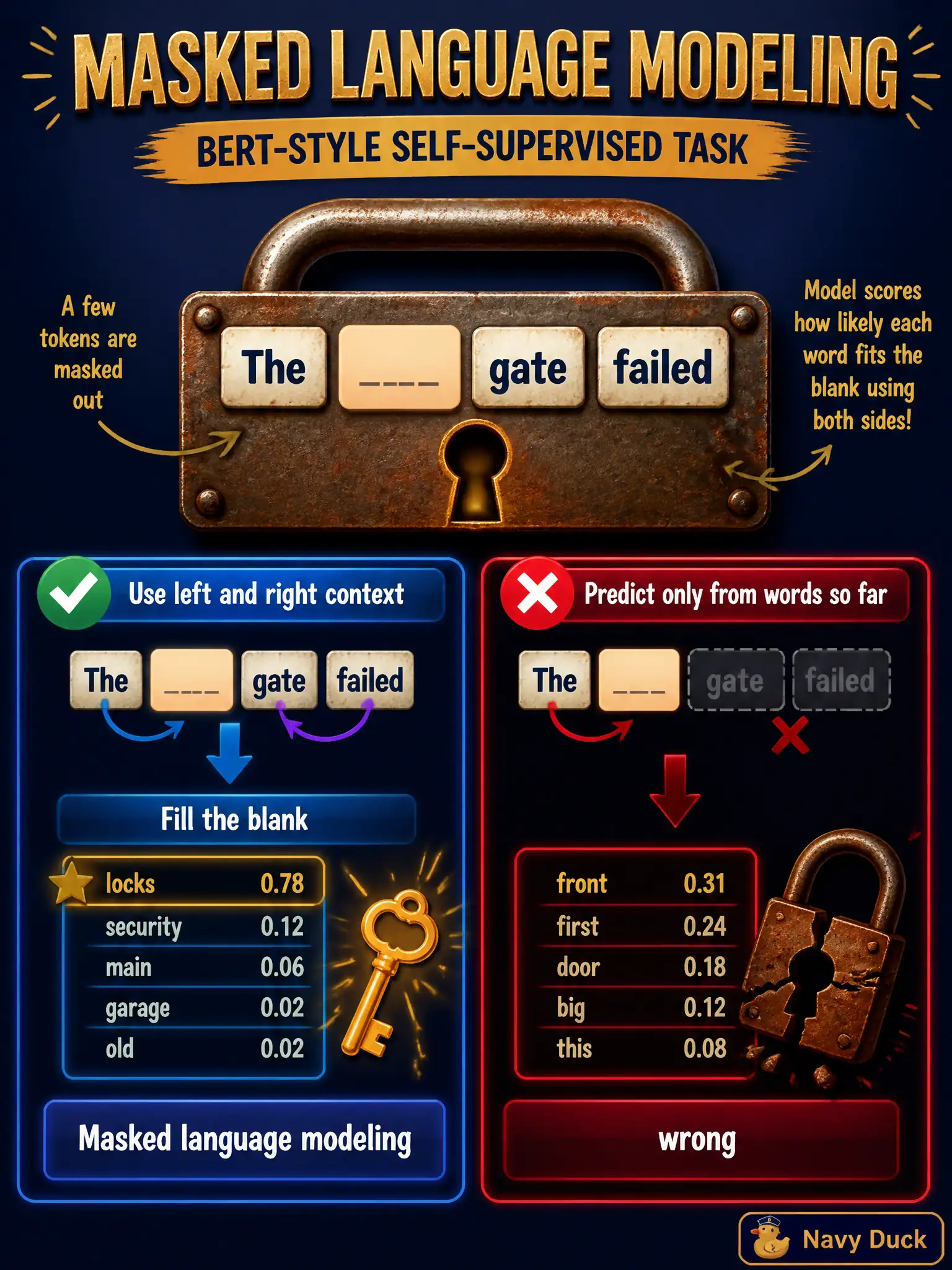 To Create an exciting colorful infographic that explains the concepts in the question: Question: Training blanks out a few tokens in a lock log (“The gate failed”) and scores whether the model fills the blank using both sides. Which objective is that? Correct Answer: Masked language modeling, the classic BERT-style self-supervised task that uses left and right context. Put EVERY visible label in double quotes. No people. No A/B/C/D letters. In one of the four corners put a little "Navy Duck".