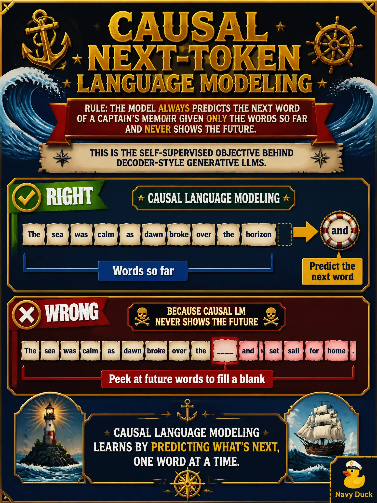 To Create an exciting colorful infographic that explains the concepts in the question: Question: Another recipe never shows the future: the model always predicts the next word of a captain’s memoir given only the words so far. Which objective is that? Correct Answer: Causal (next-token) language modeling, the self-supervised objective behind decoder-style generative LLMs. Put EVERY visible label in double quotes. No people. No A/B/C/D letters. In one of the four corners put a little "Navy Duck".
